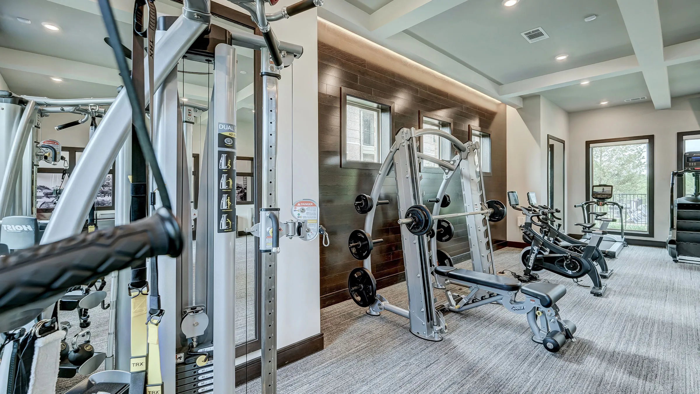 a gym with weights and exercise equipment