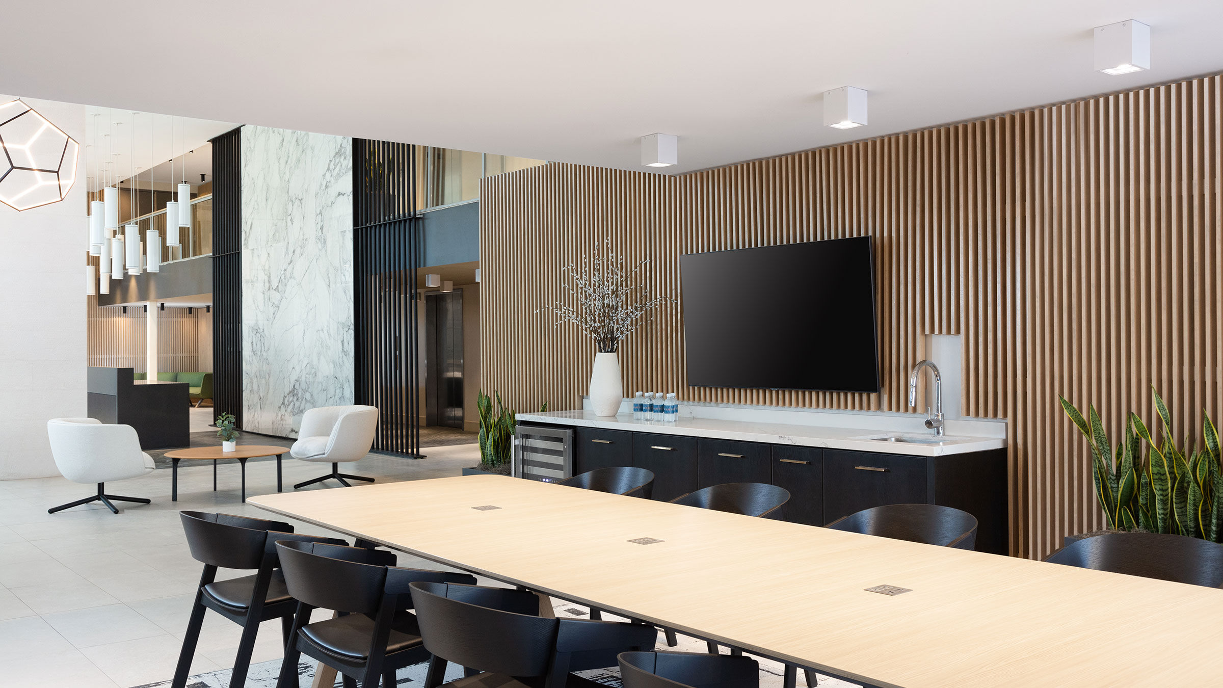 a room with a table and chairs