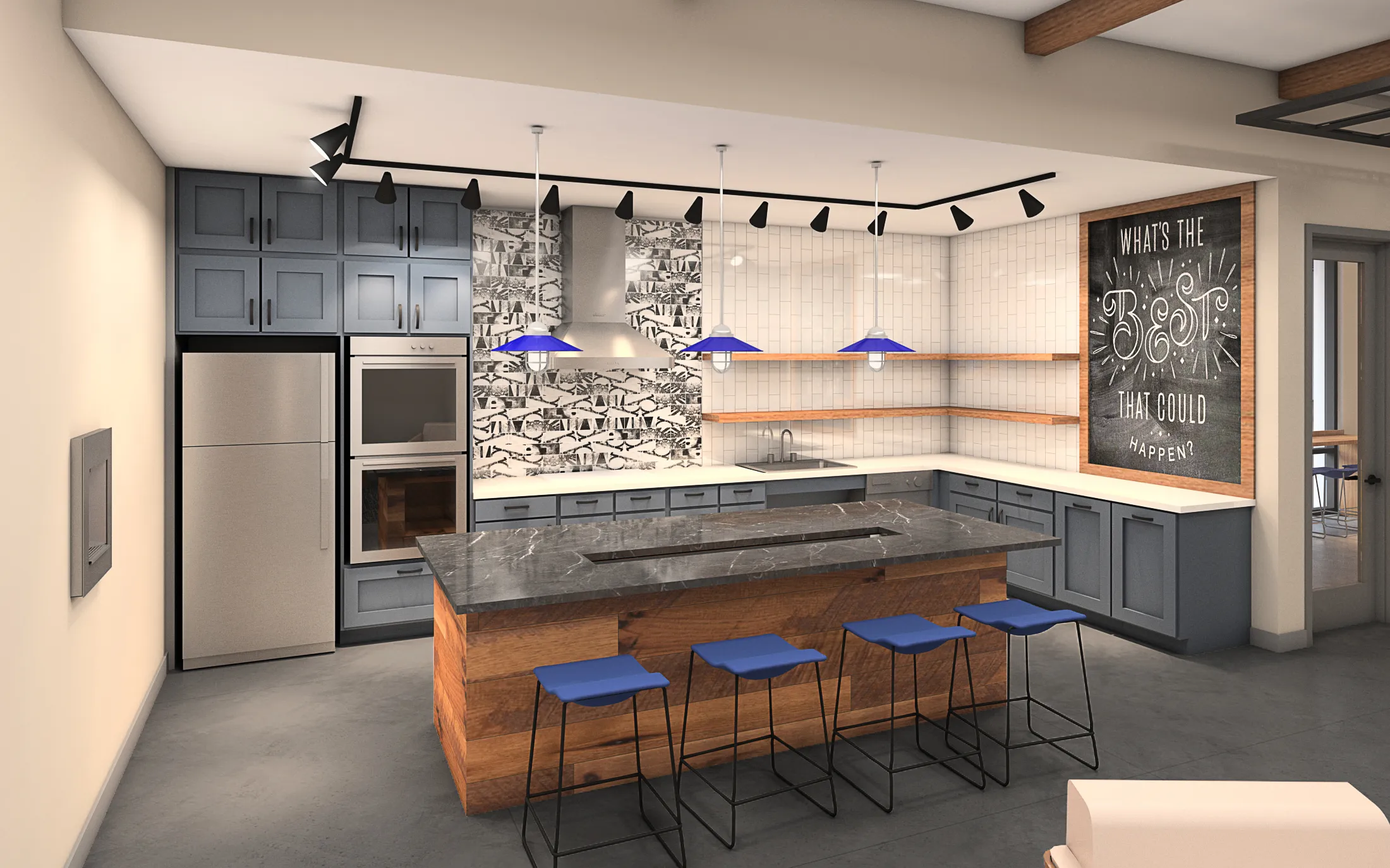 a kitchen with a large island and blue stools