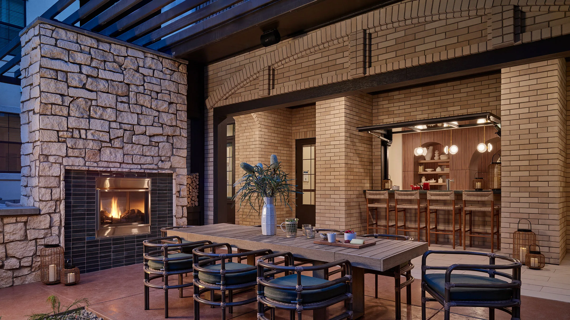 a table and chairs in a patio