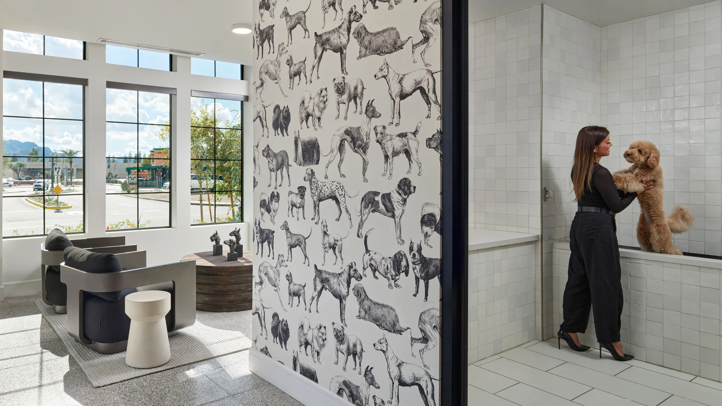 a wall with a pattern of dogs on it