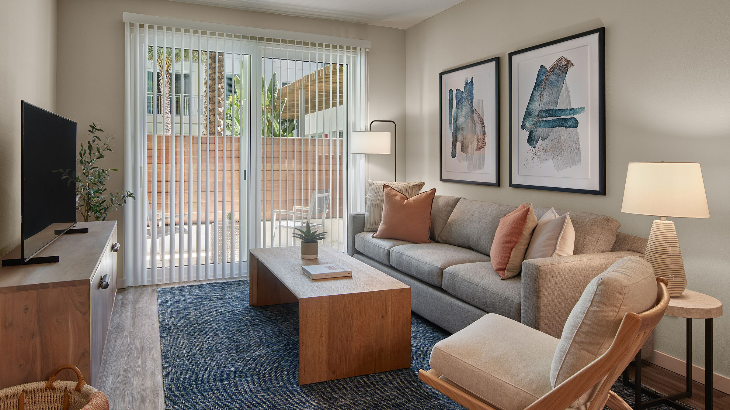 a living room with a couch and a coffee table
