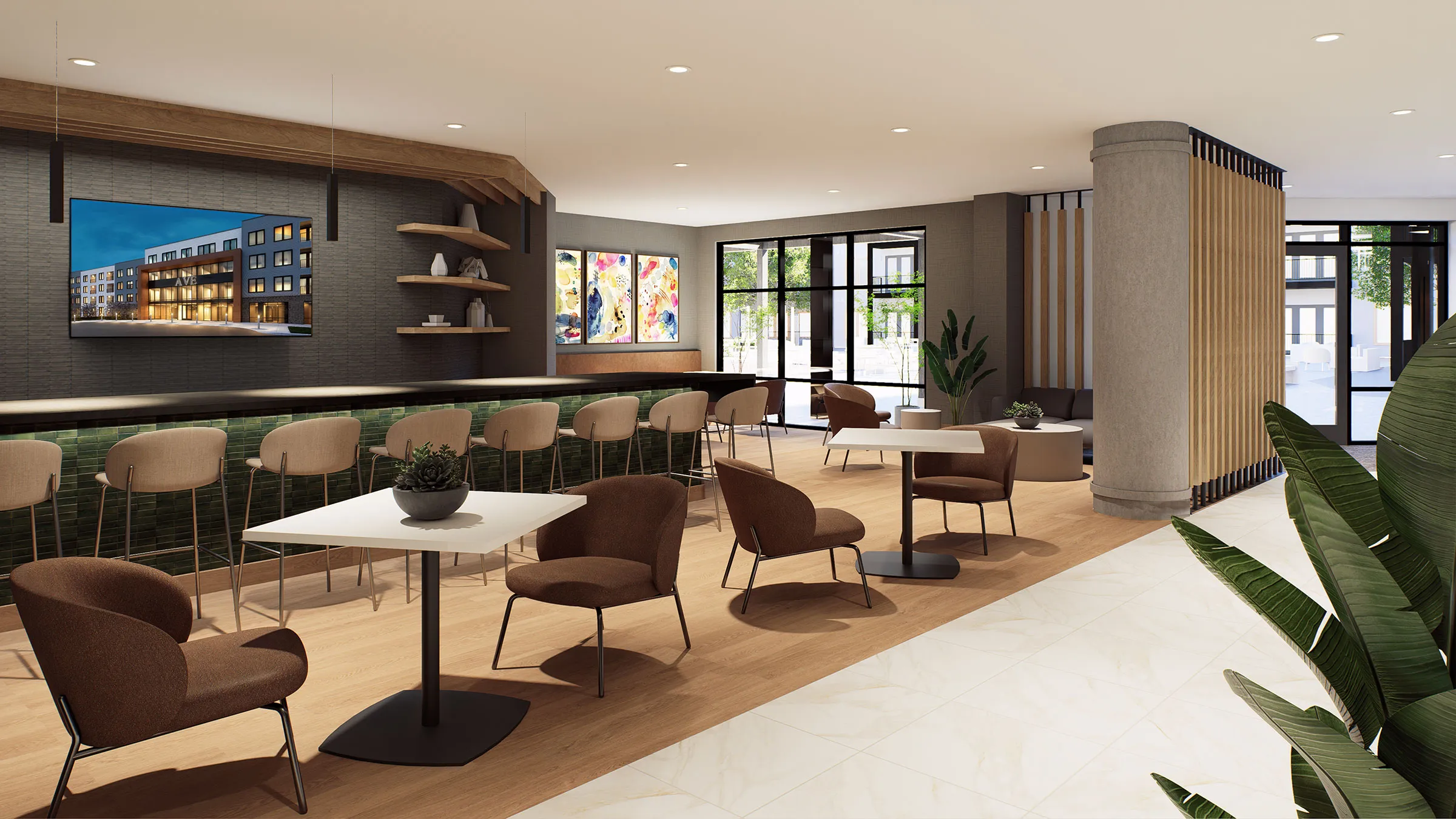 a room with tables and chairs