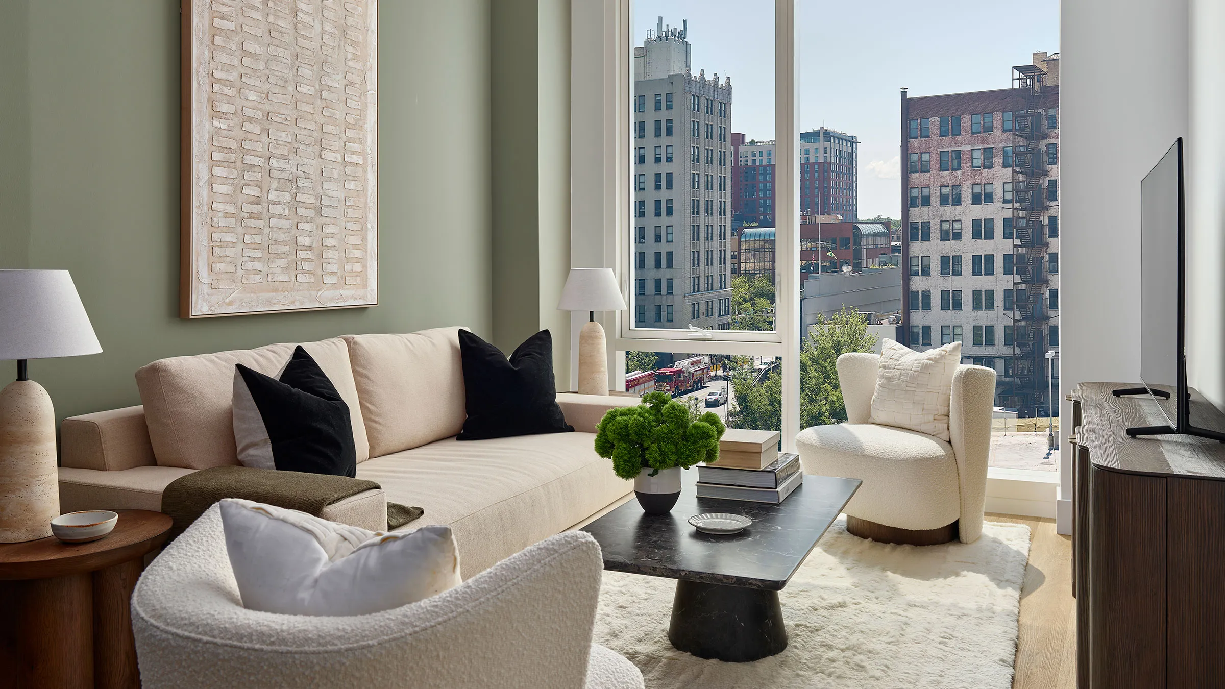 a living room with a large window