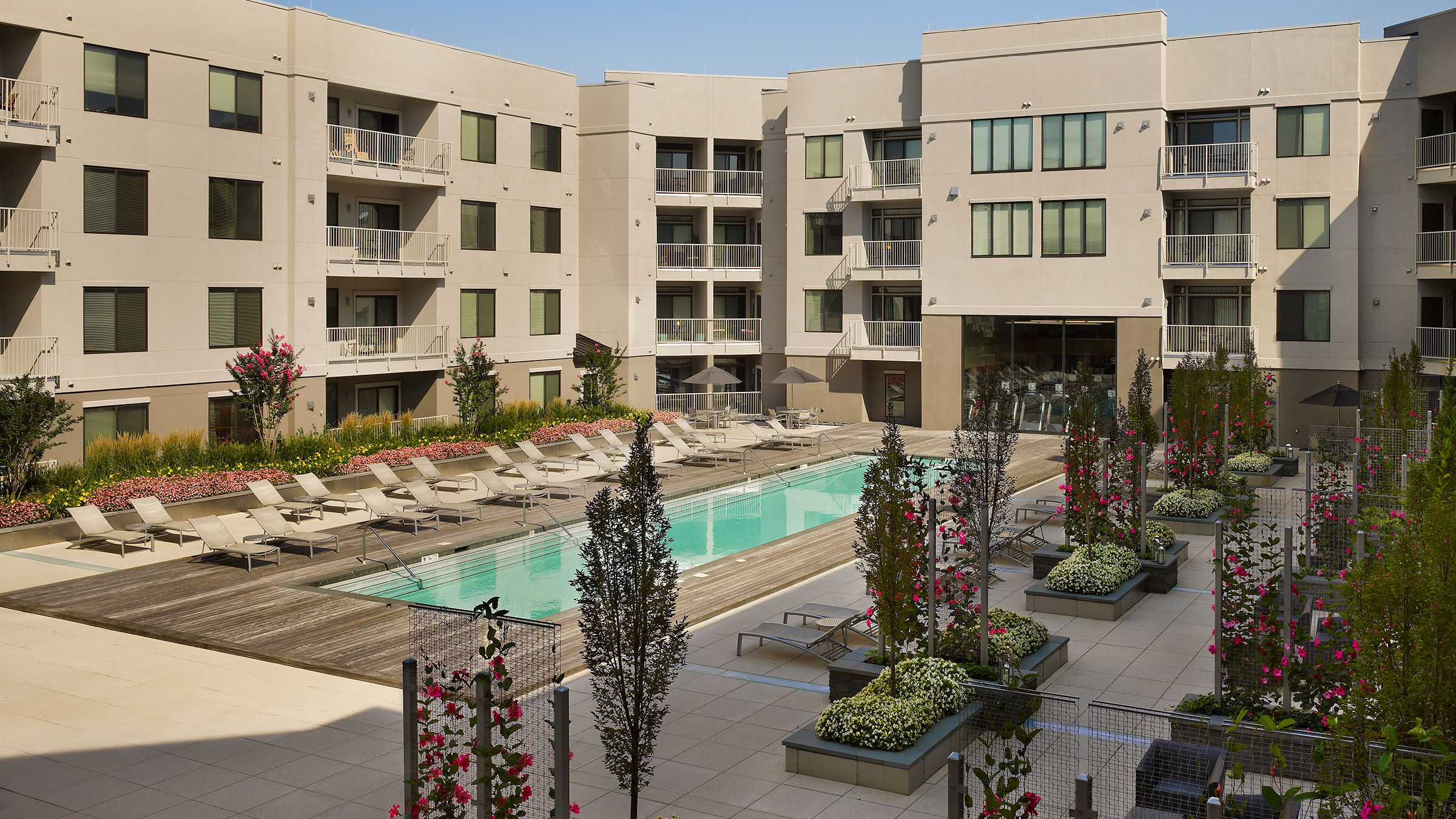 a pool and a building with flowers and plants