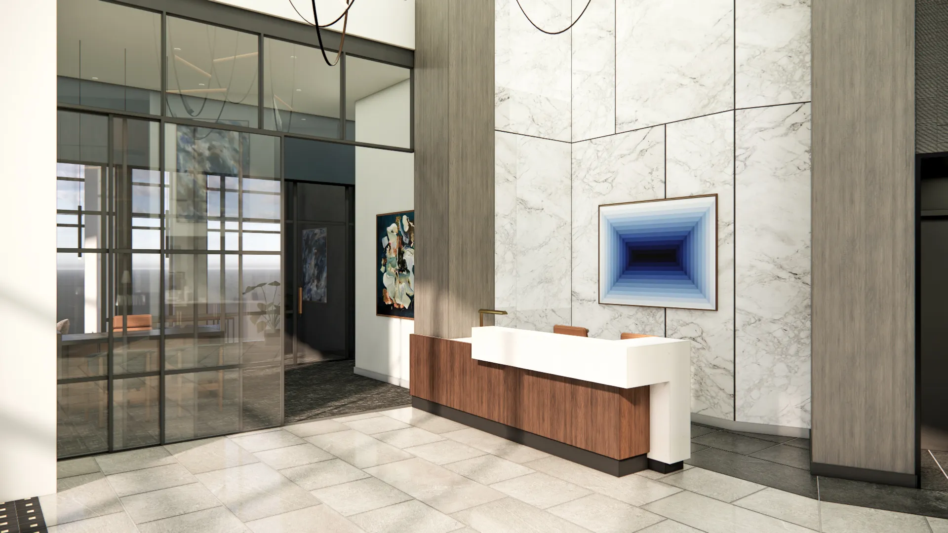 a white and marble room with a glass door