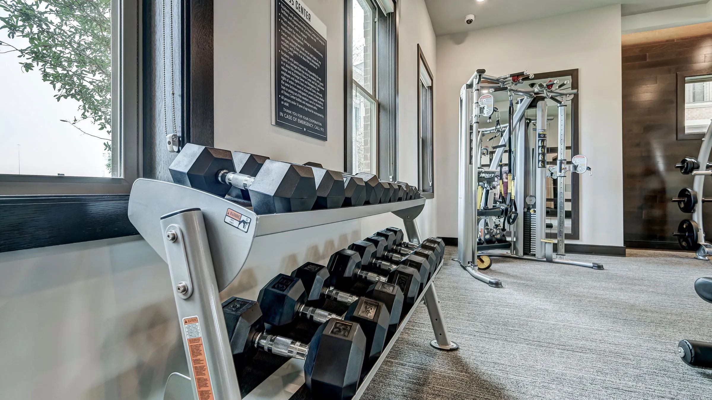 a room with a row of dumbbells