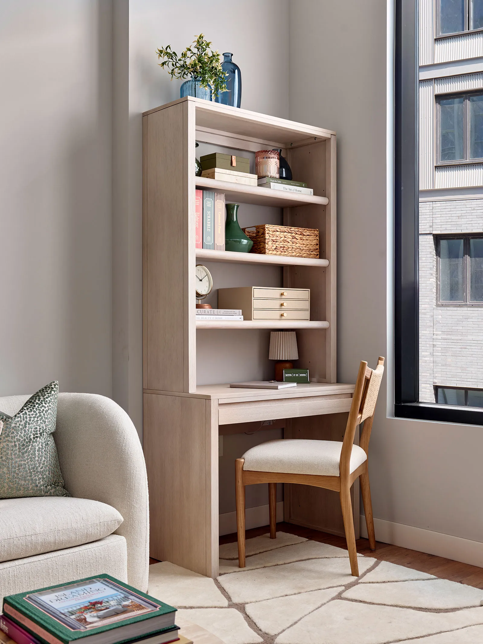 a desk and chair in a room