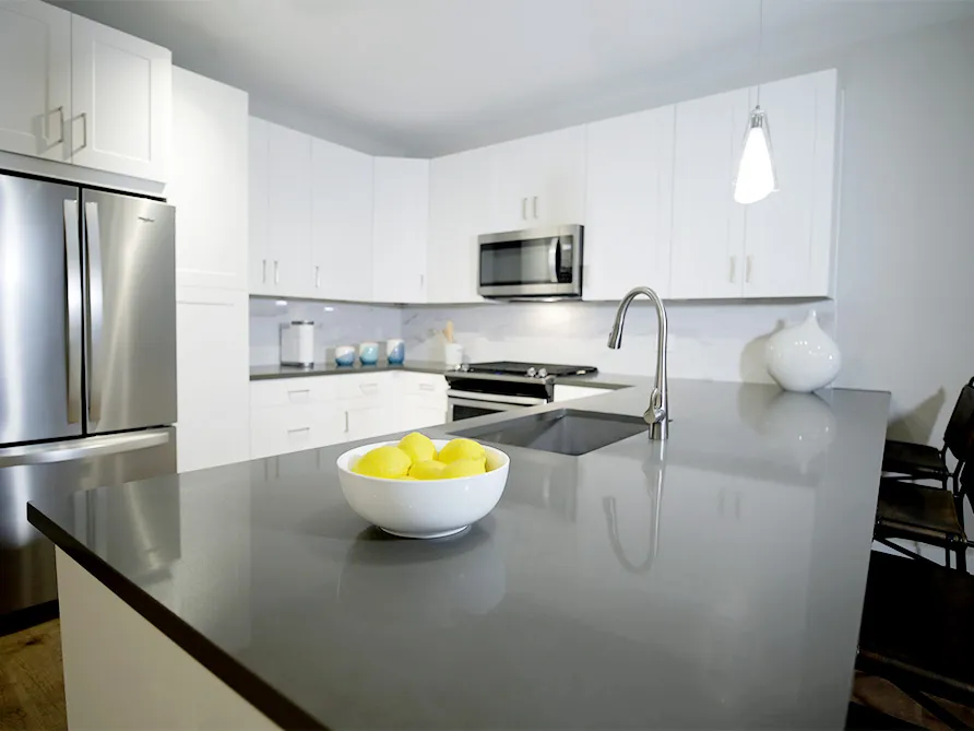 a bowl of fruit on a countertop in a kitchen