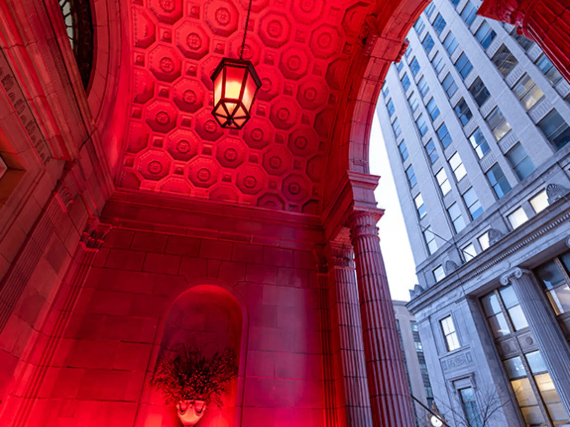 The Franklin Residences in Center City Philadelphia lit up red for the Phillies Opening Weekend