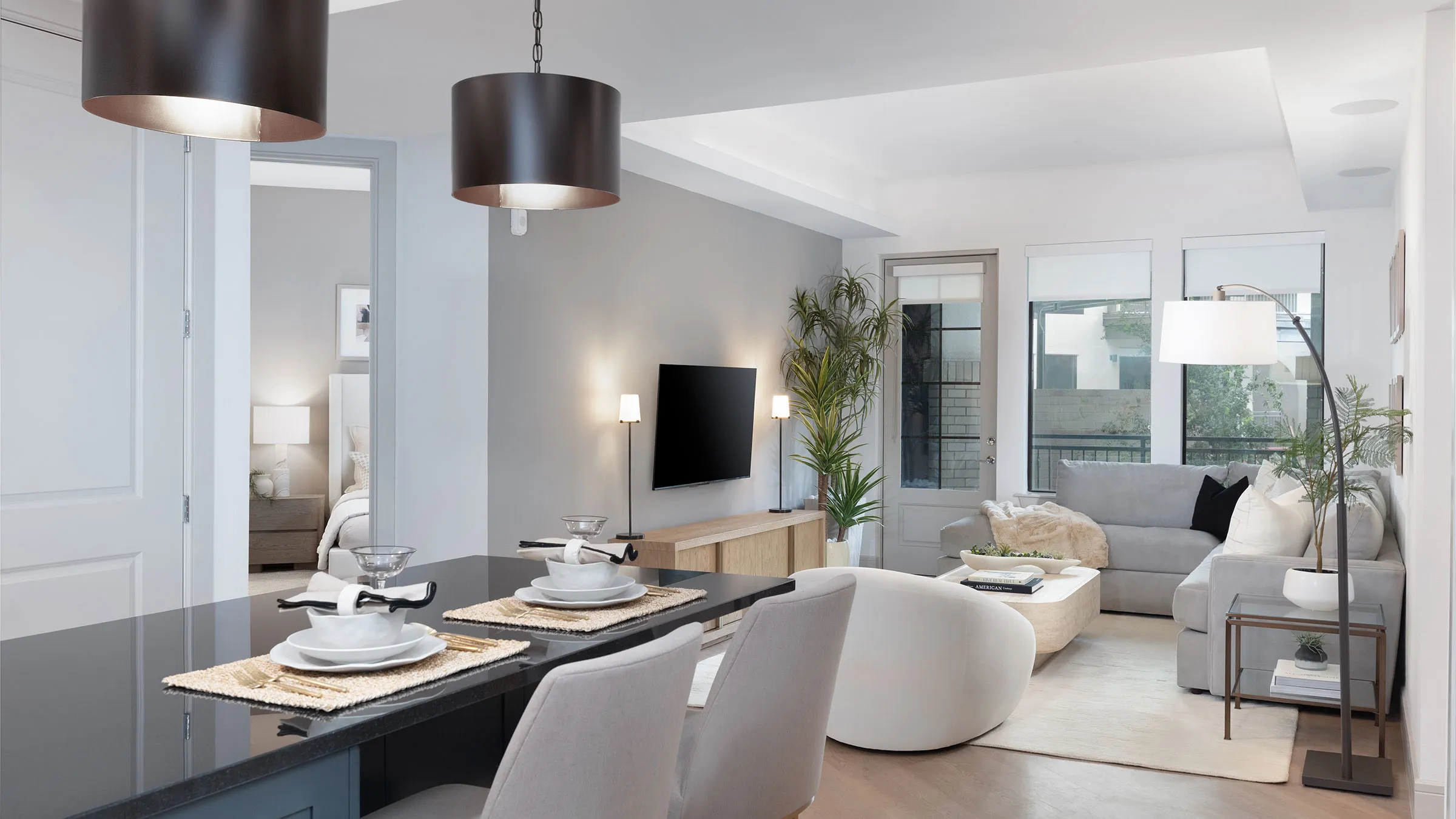 a room with a table and chairs