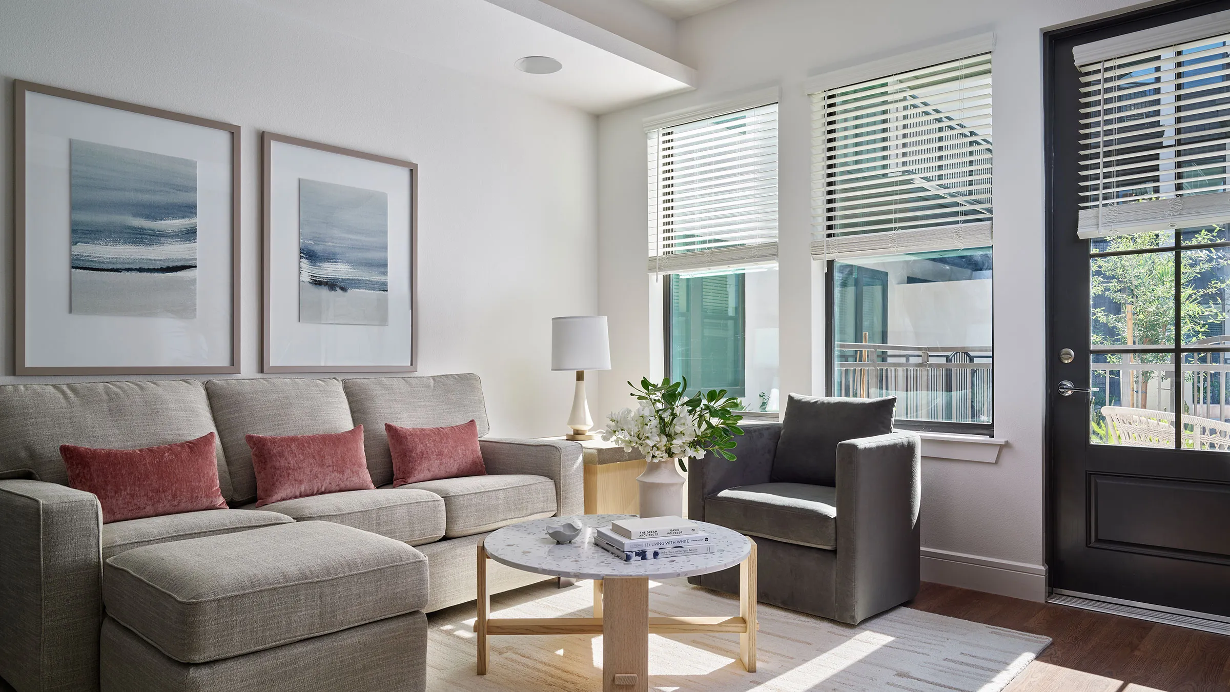 a living room with a couch and a coffee table