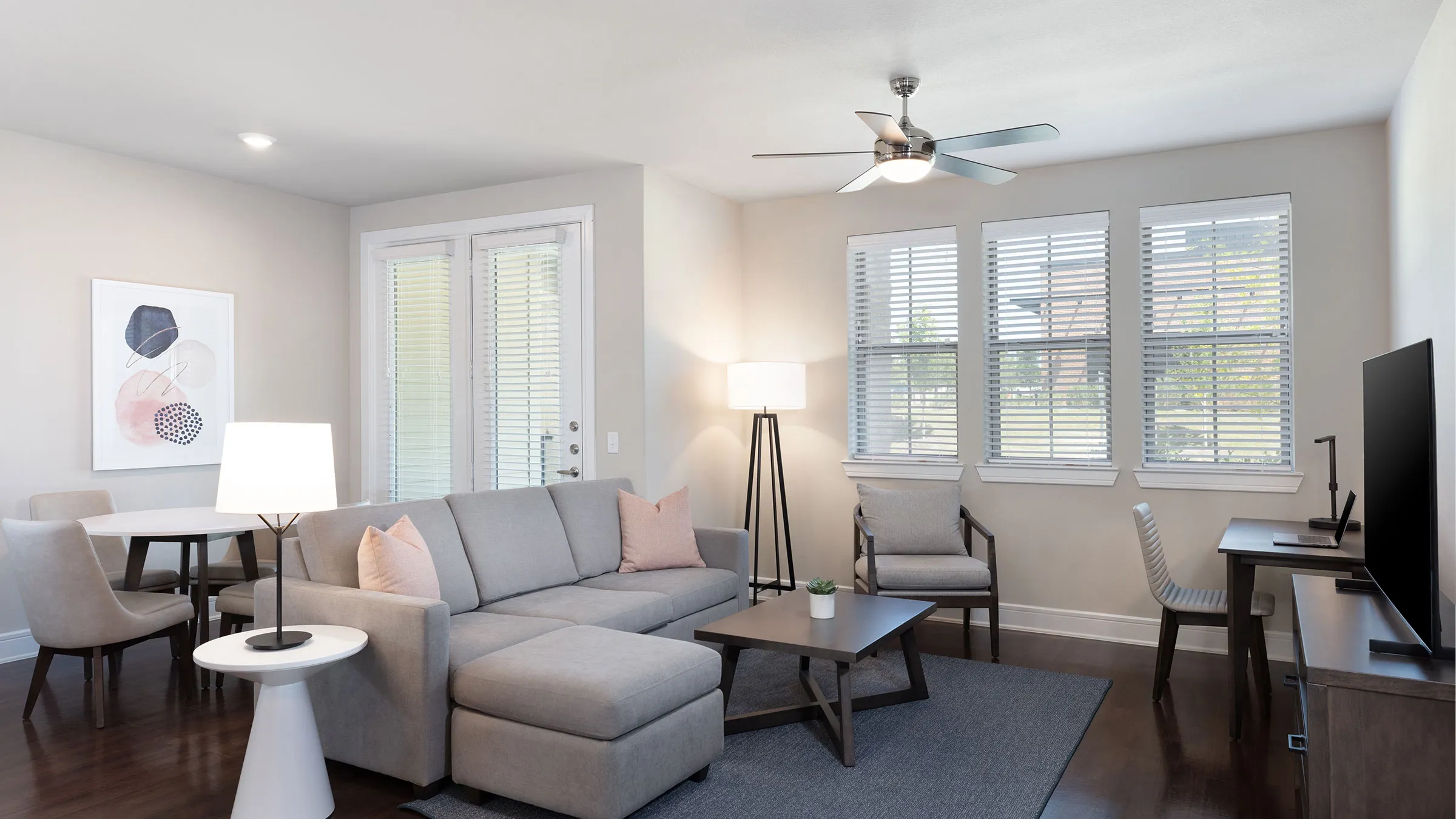 a living room with a couch and a table