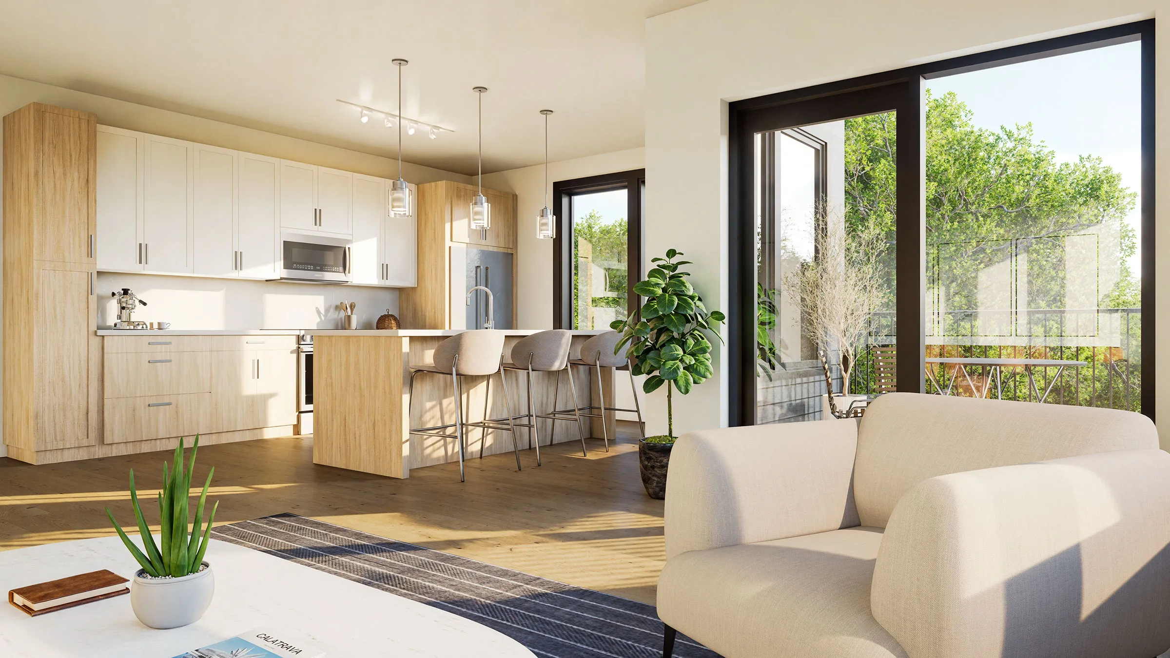 a living room with a kitchen and dining area