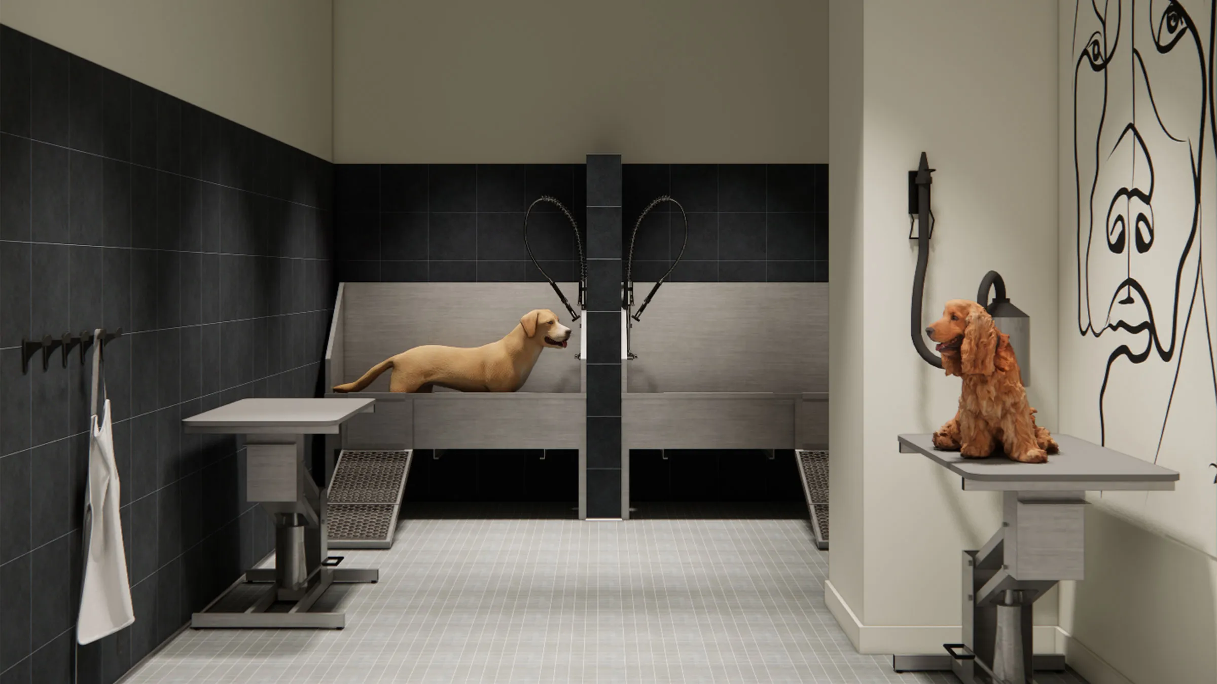 a dog in a dog washroom