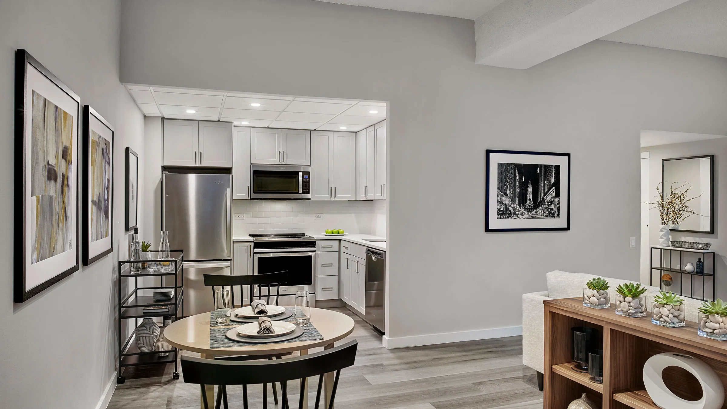 a kitchen and dining area