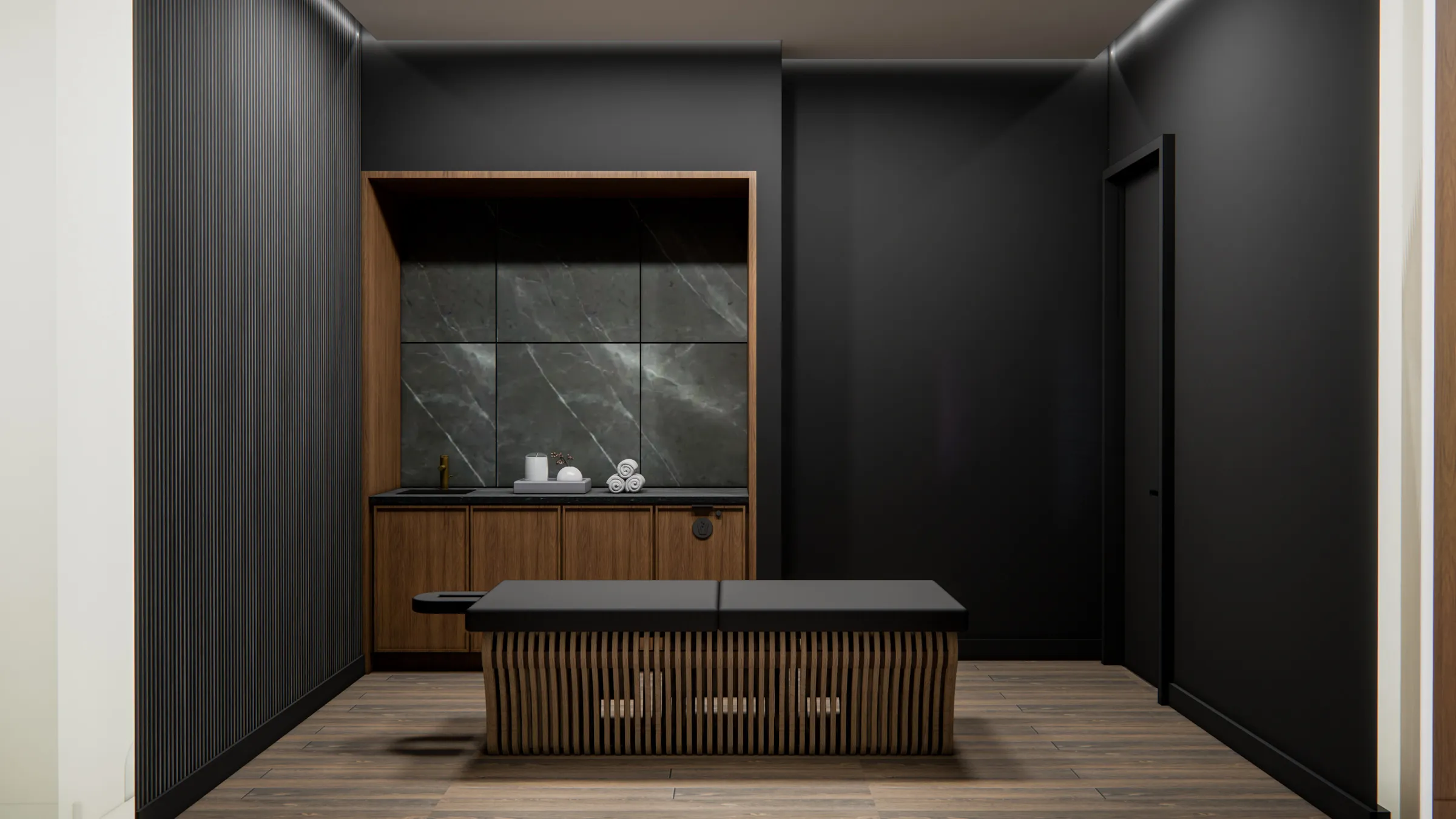a room with a black wall and a black counter