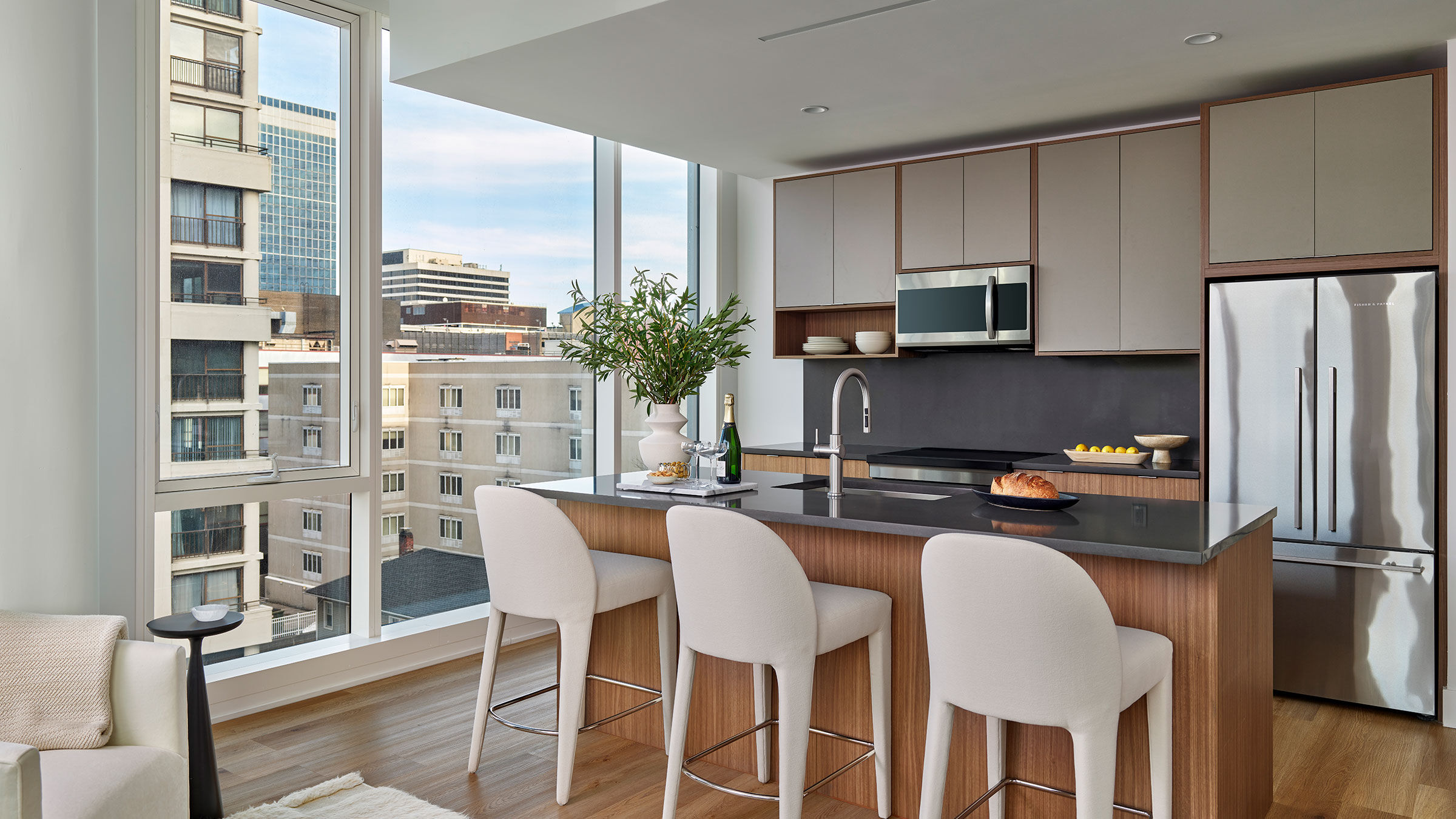 a kitchen with a large window