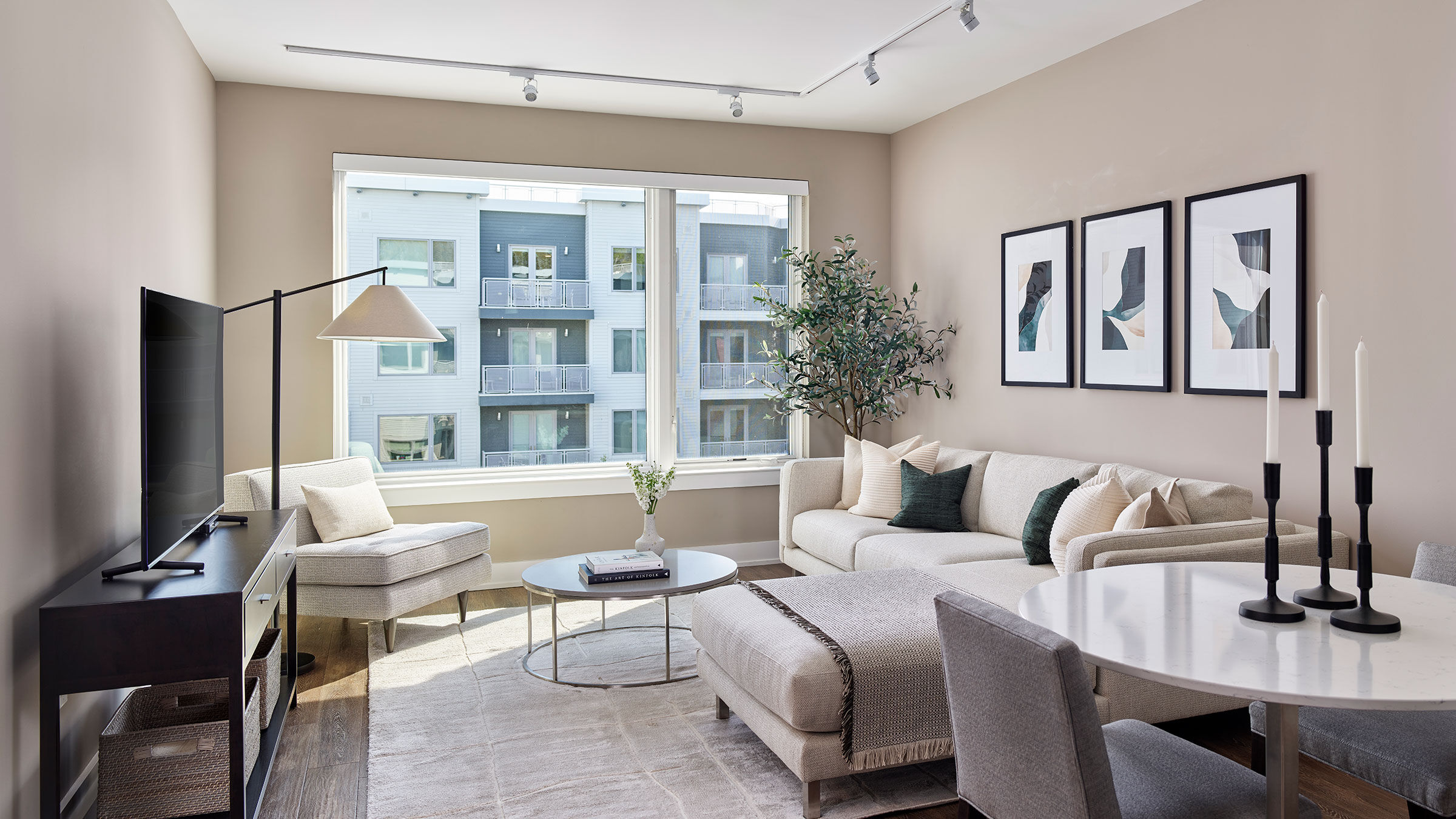 a living room with a couch and a table