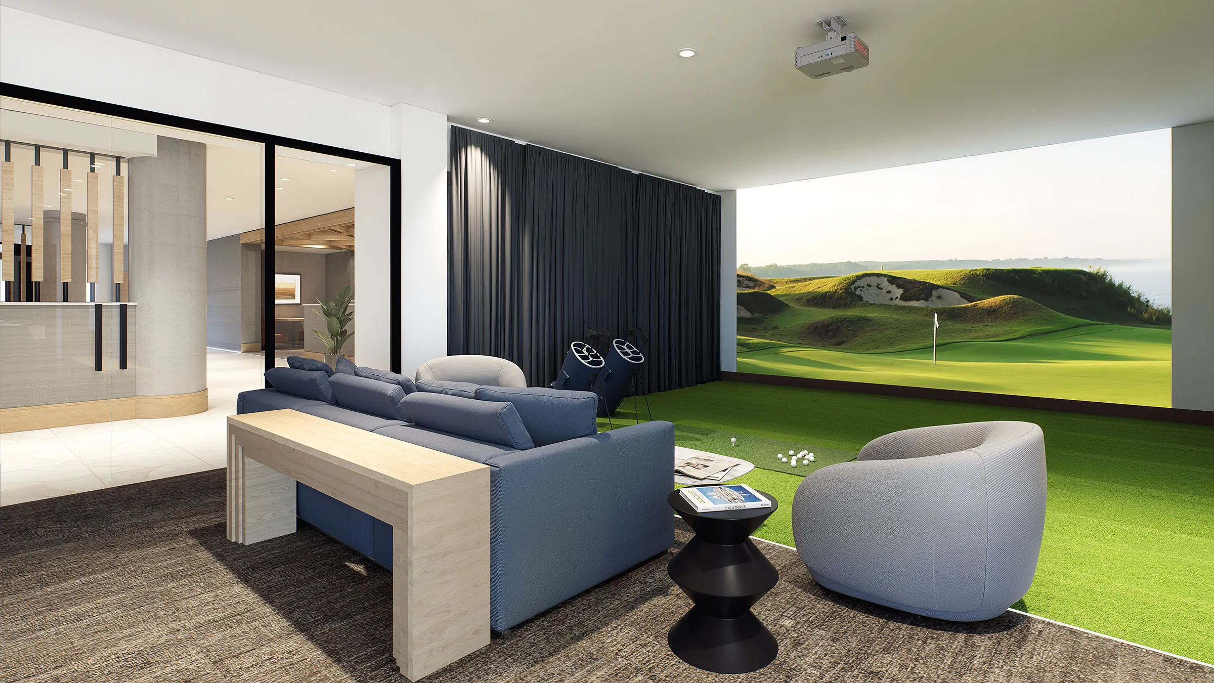 a living room with a golf course view