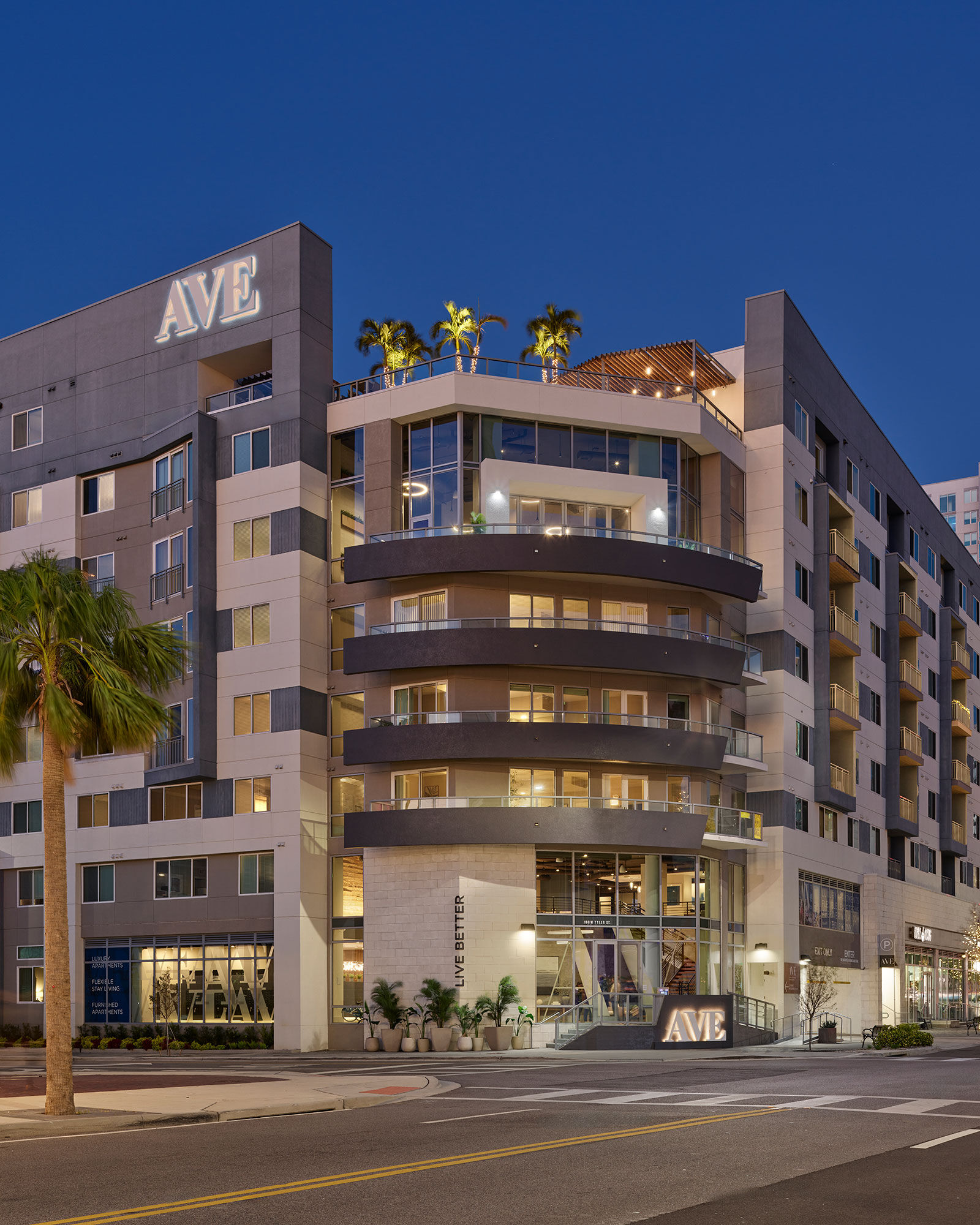 a building with palm trees and a street
