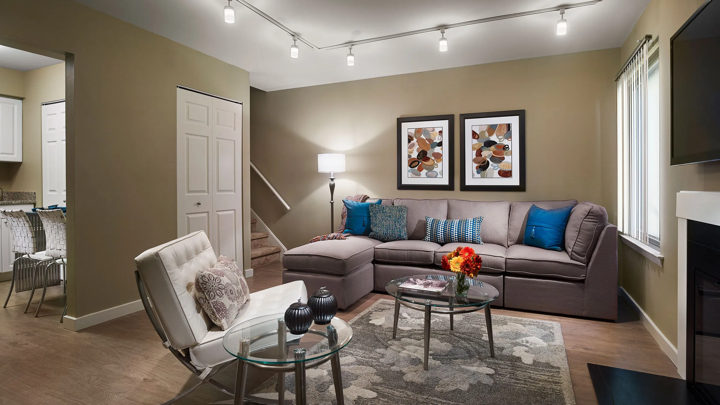 a living room with a couch and a coffee table
