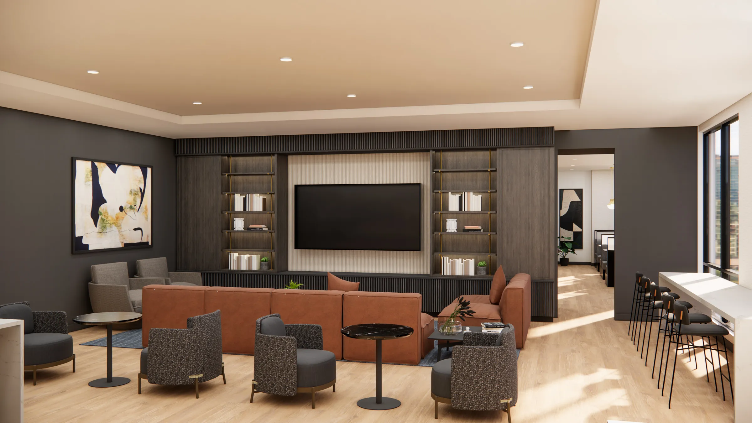 a room with a tv and couches