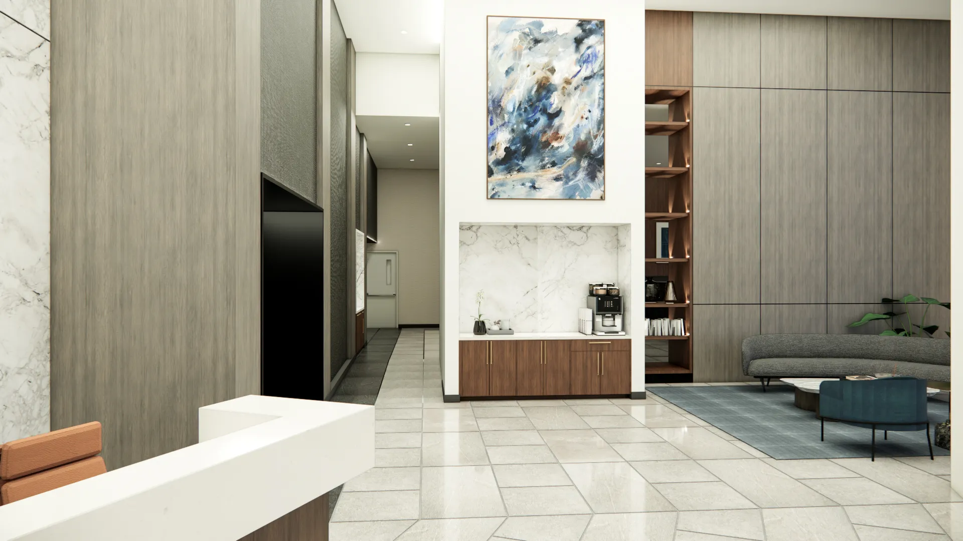 a room with a large painting on the wall