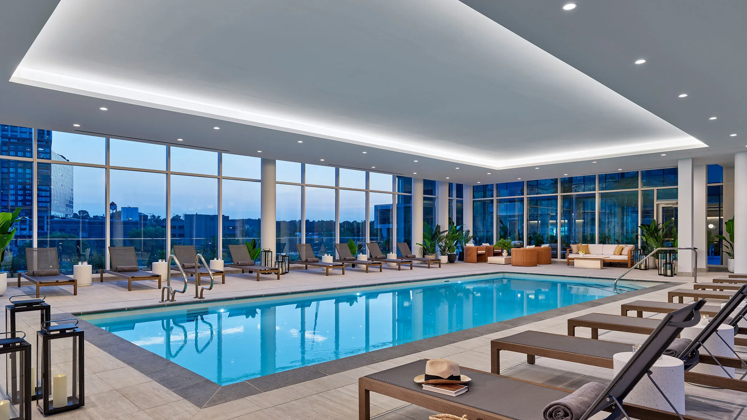 a swimming pool inside a building