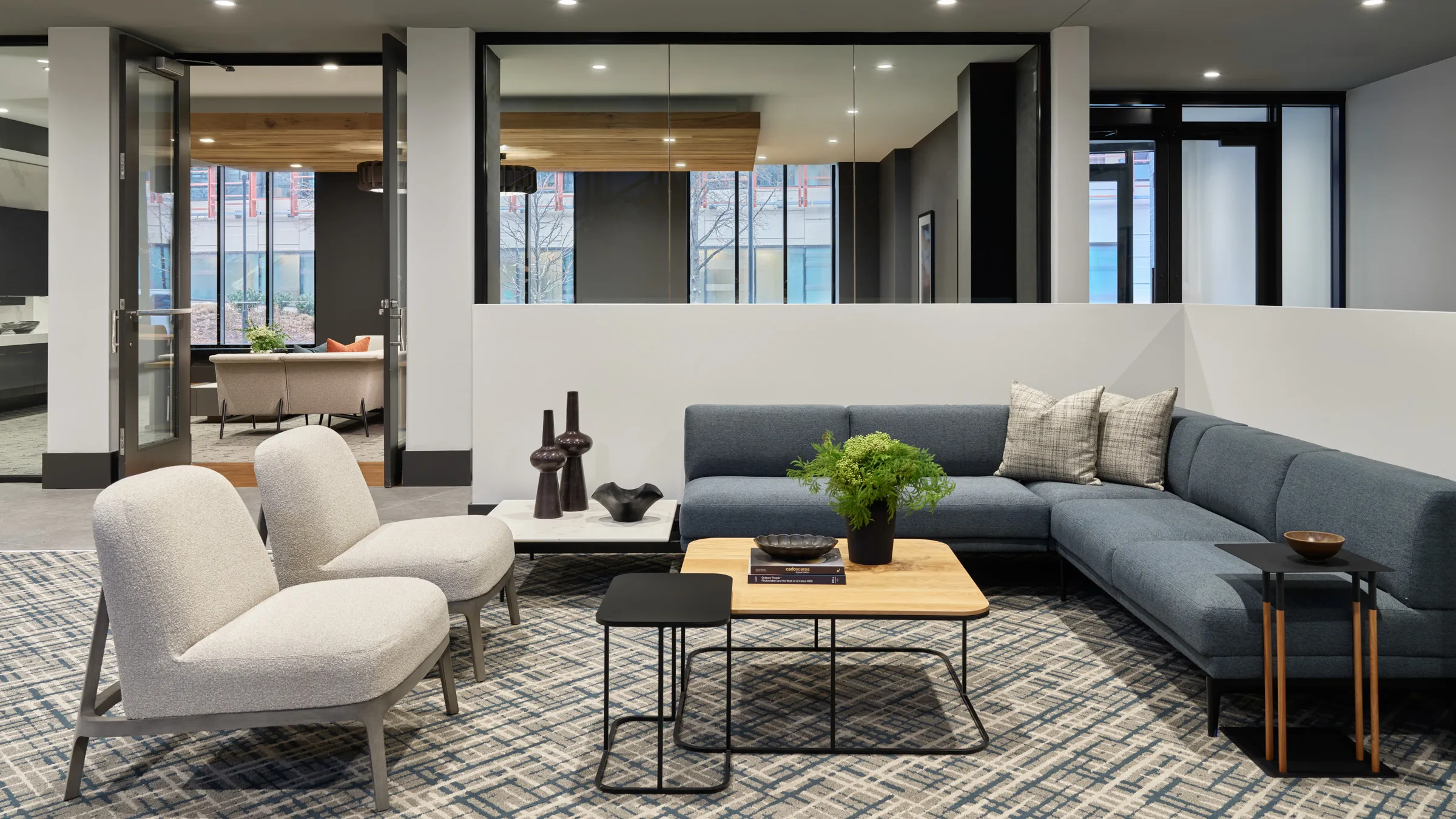 a room with a couch and a coffee table