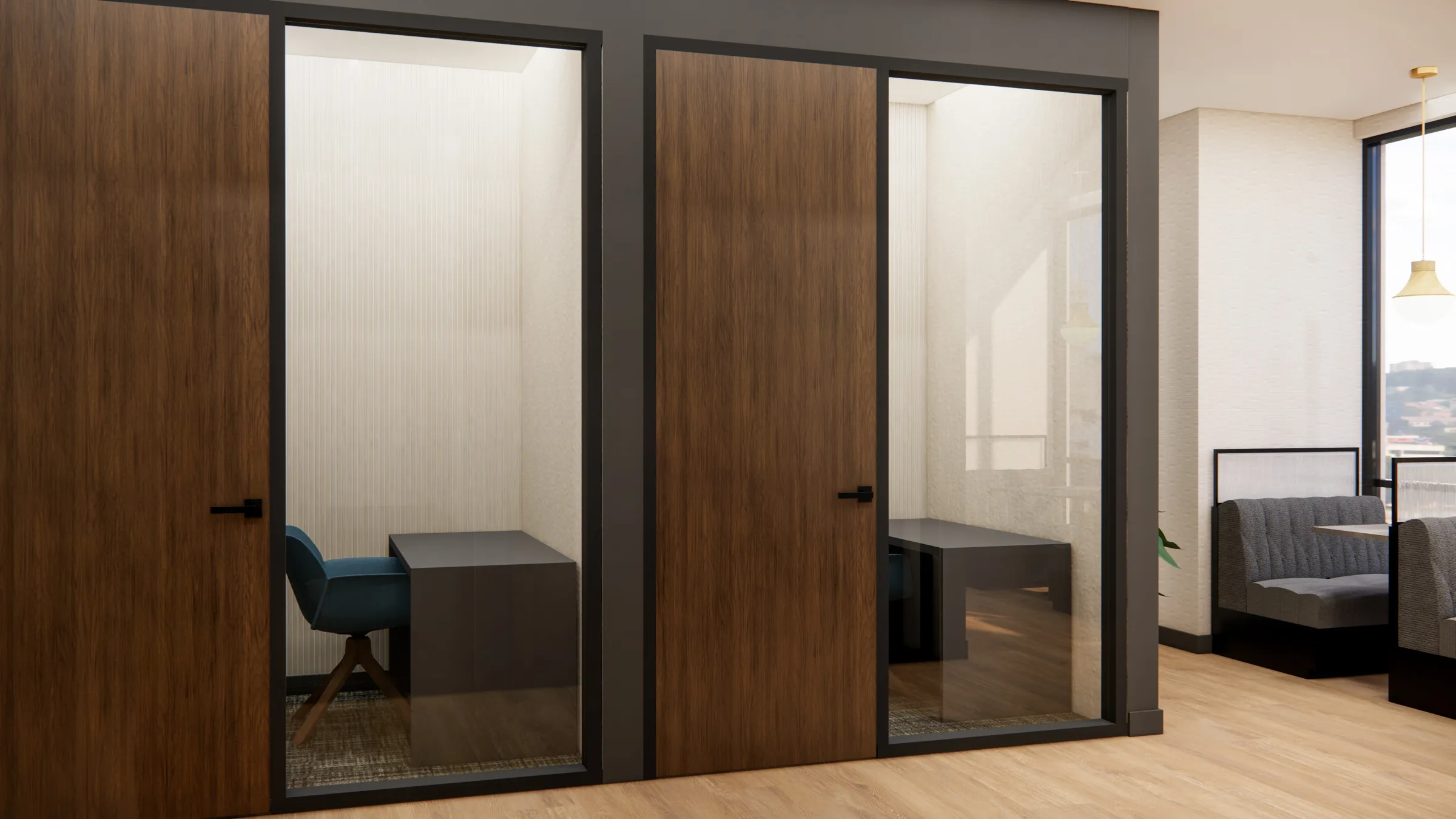 a room with glass doors and a desk