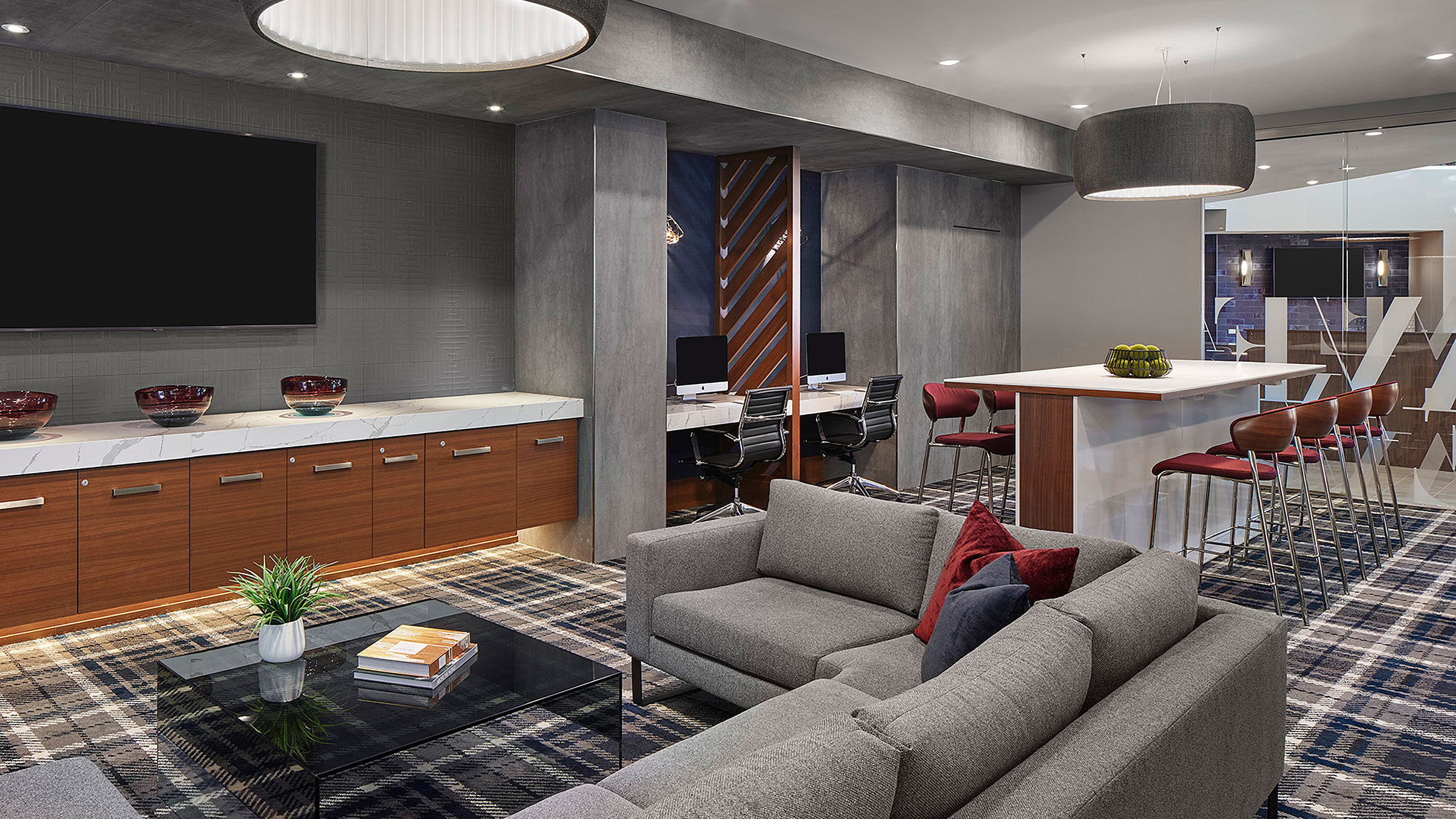 a living room with a couch and a table