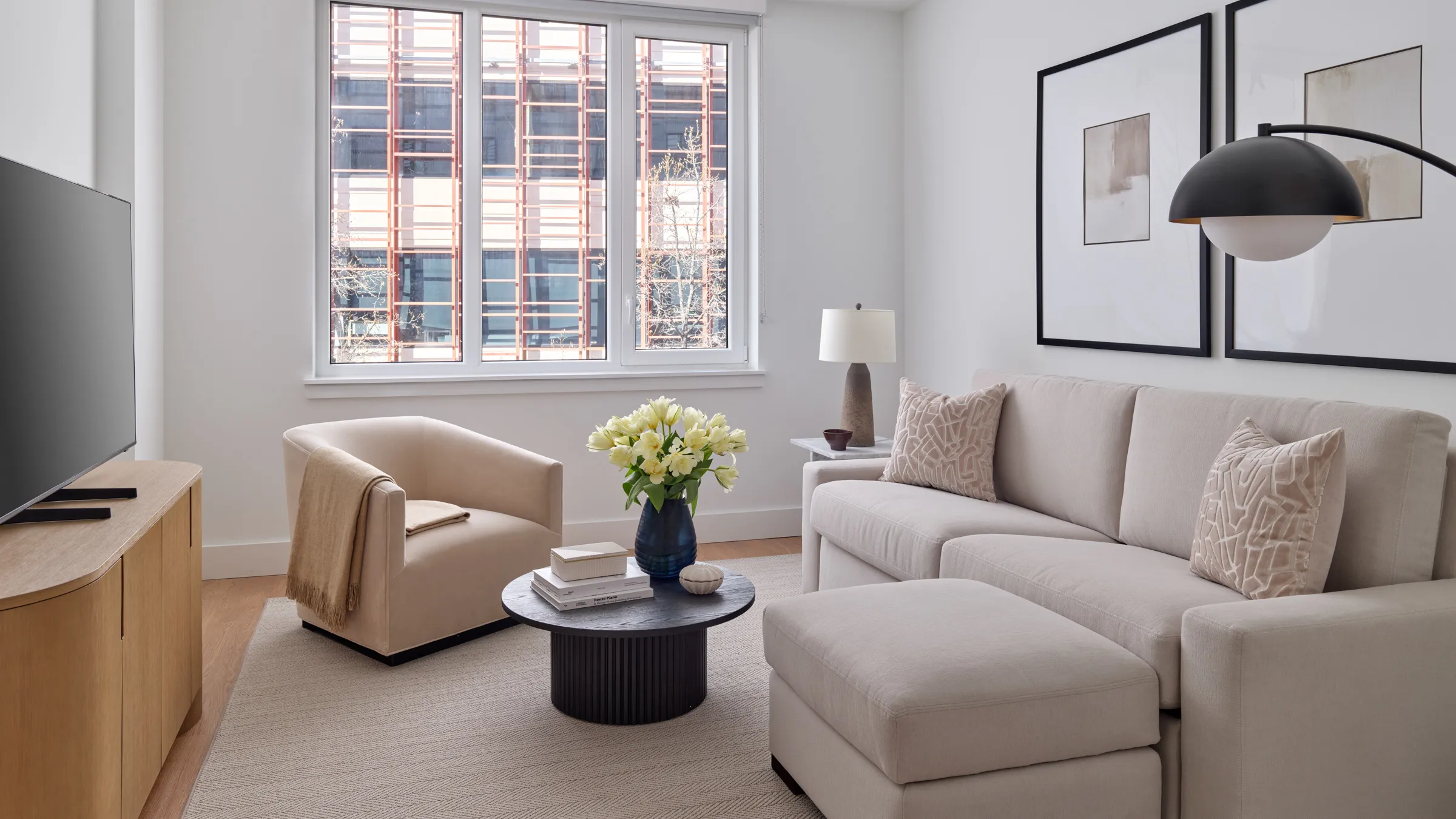 a living room with a couch and a coffee table
