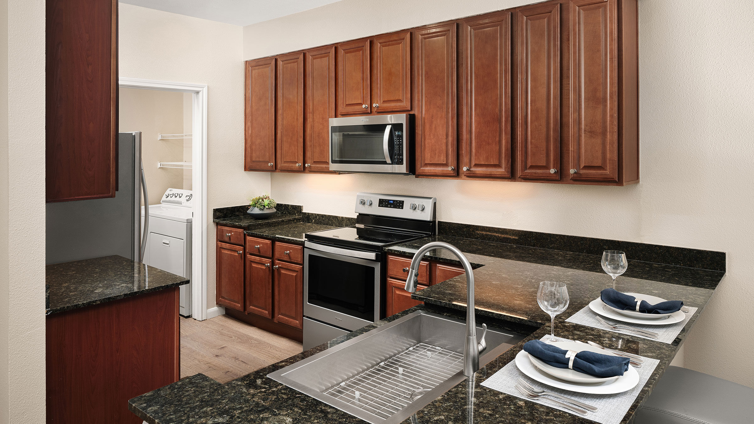 a kitchen with a stainless steel sink and black granite countertops