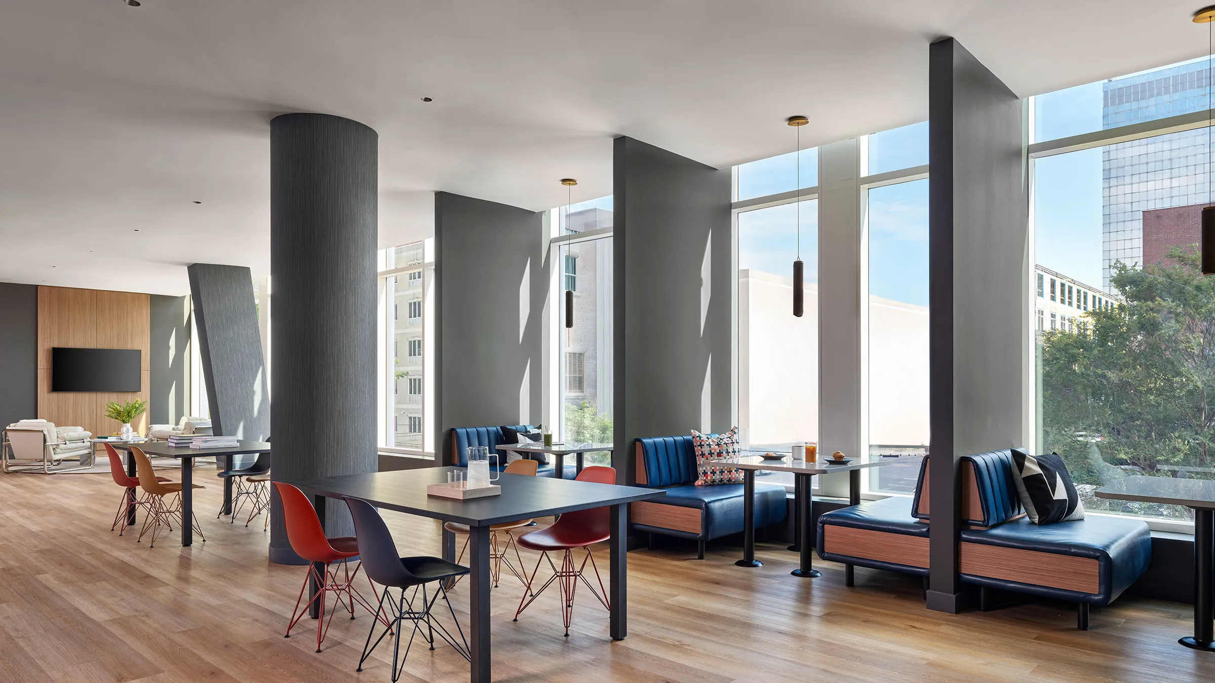 a room with a table and chairs