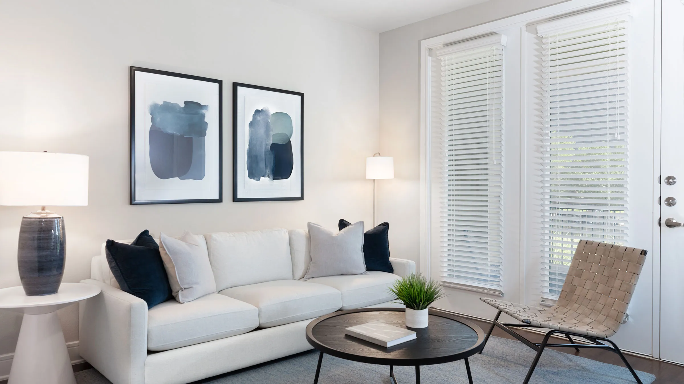 a living room with a couch and a coffee table