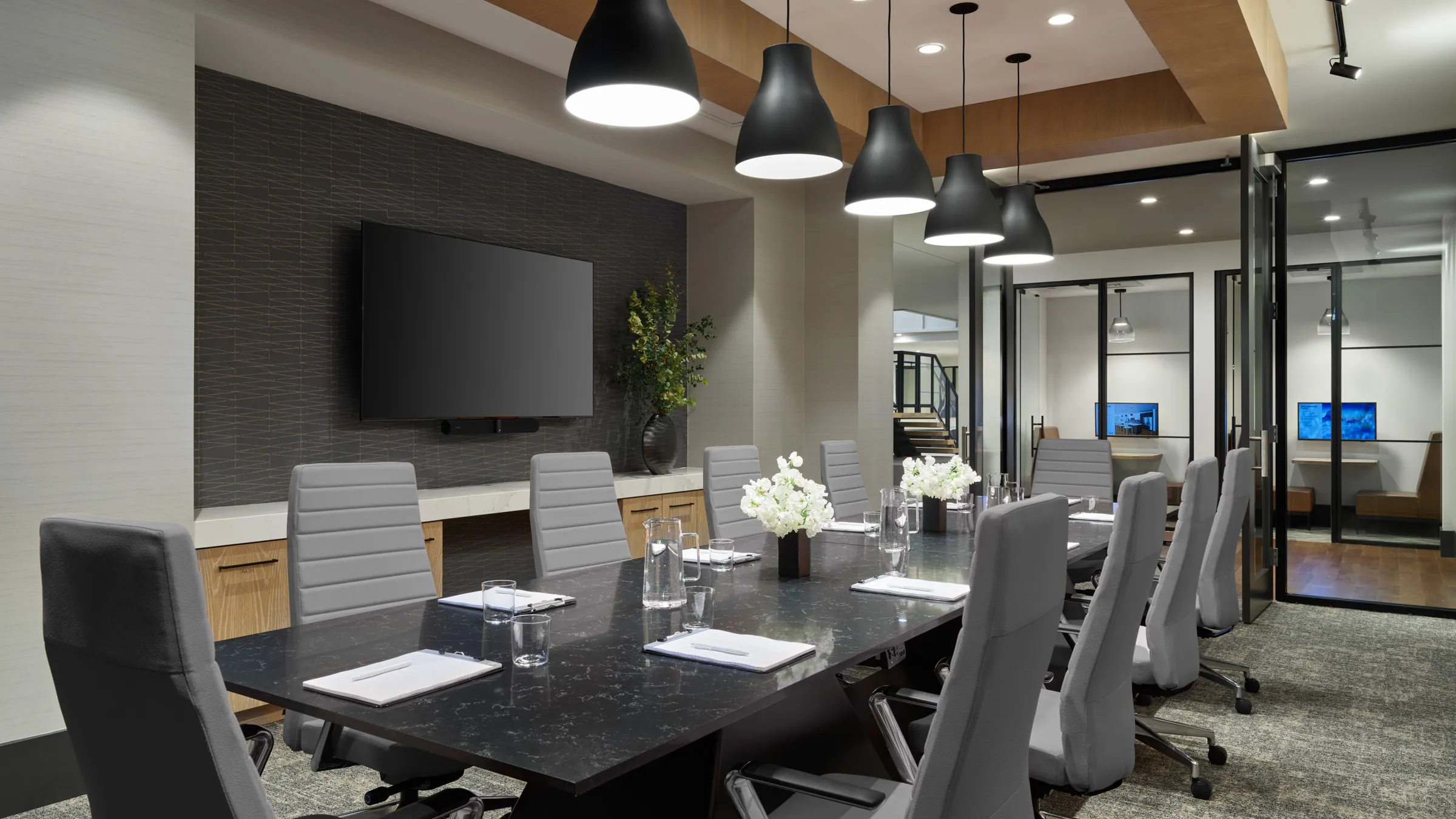 a room with a table and chairs