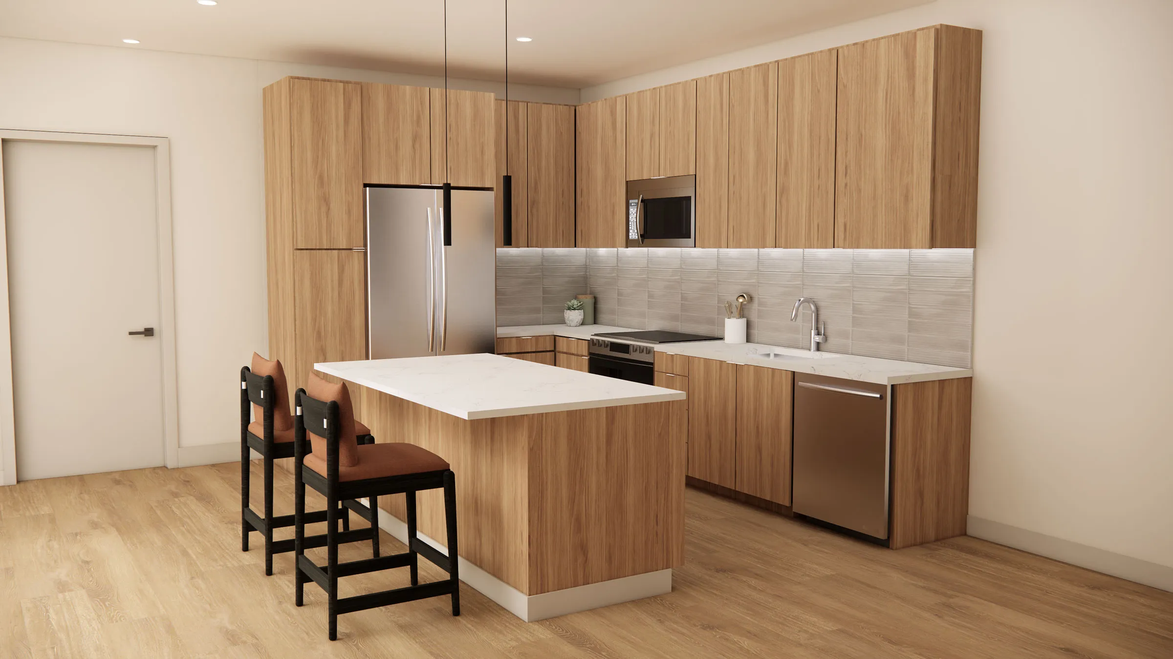 a kitchen with a large island and chairs