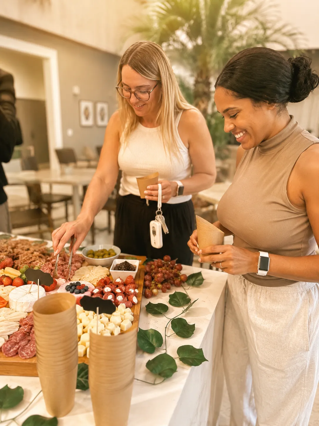a group of women standing next to a table of food