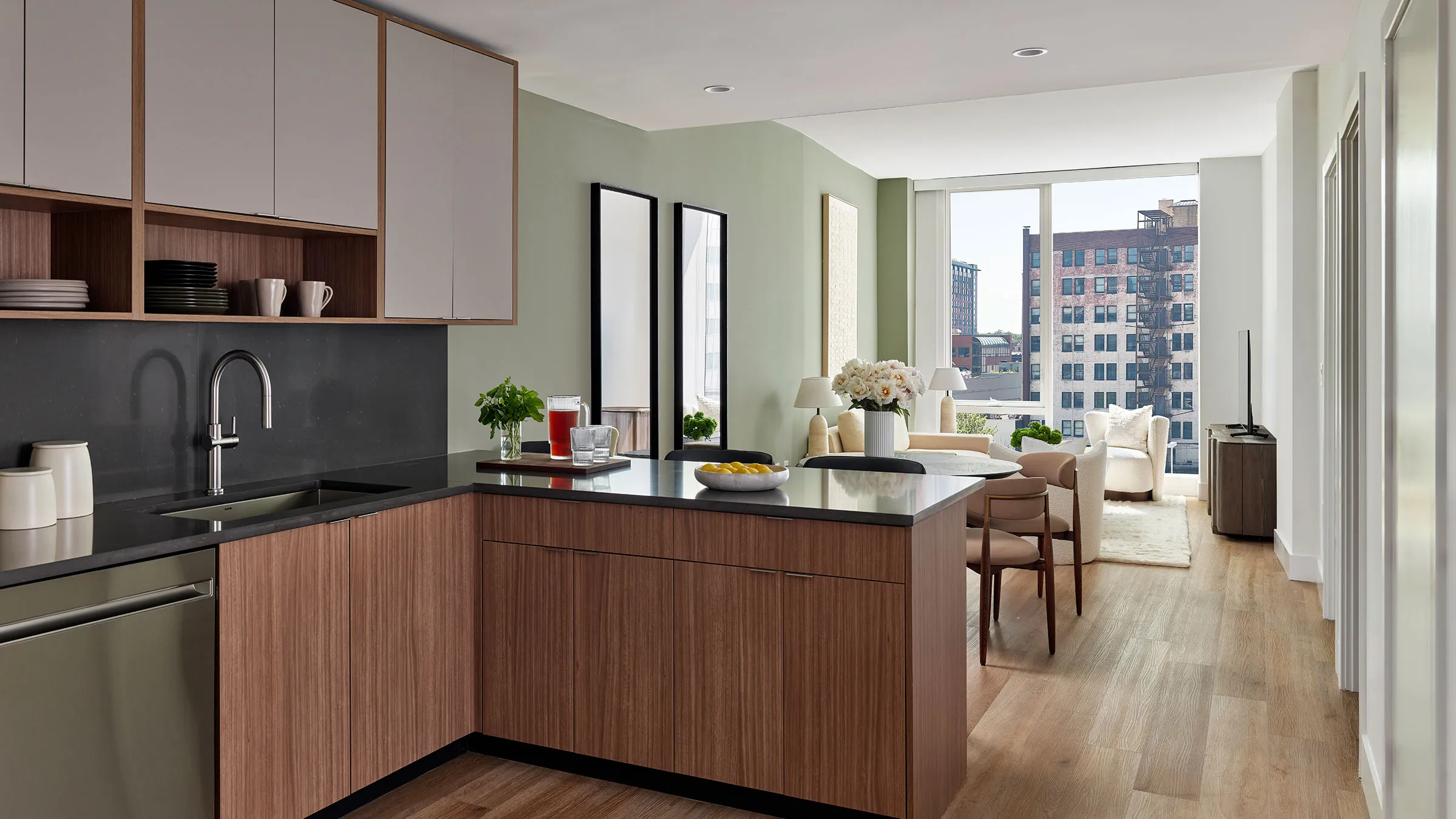 a kitchen with a view of a city