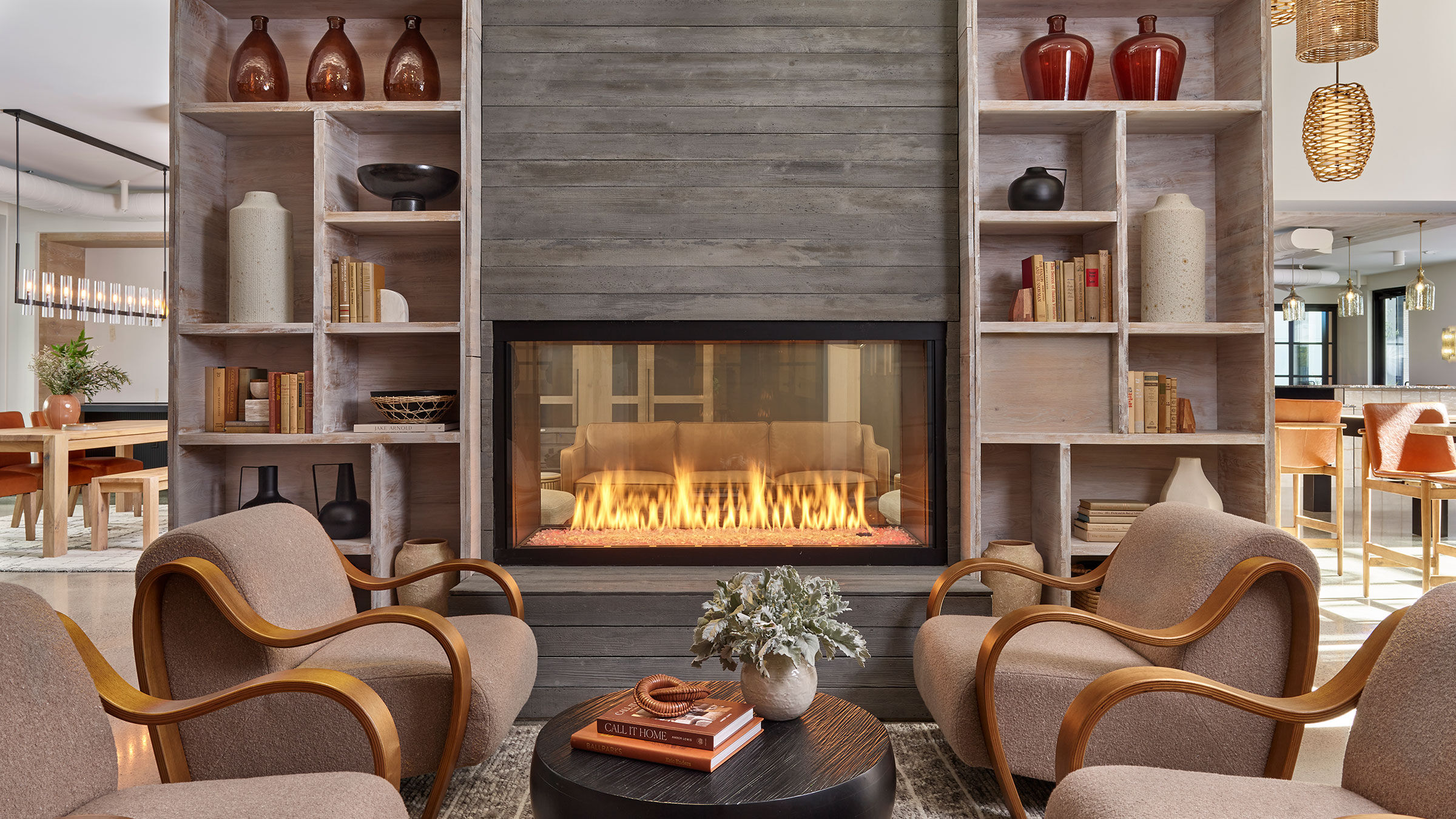 a fireplace with a fire in the fireplace