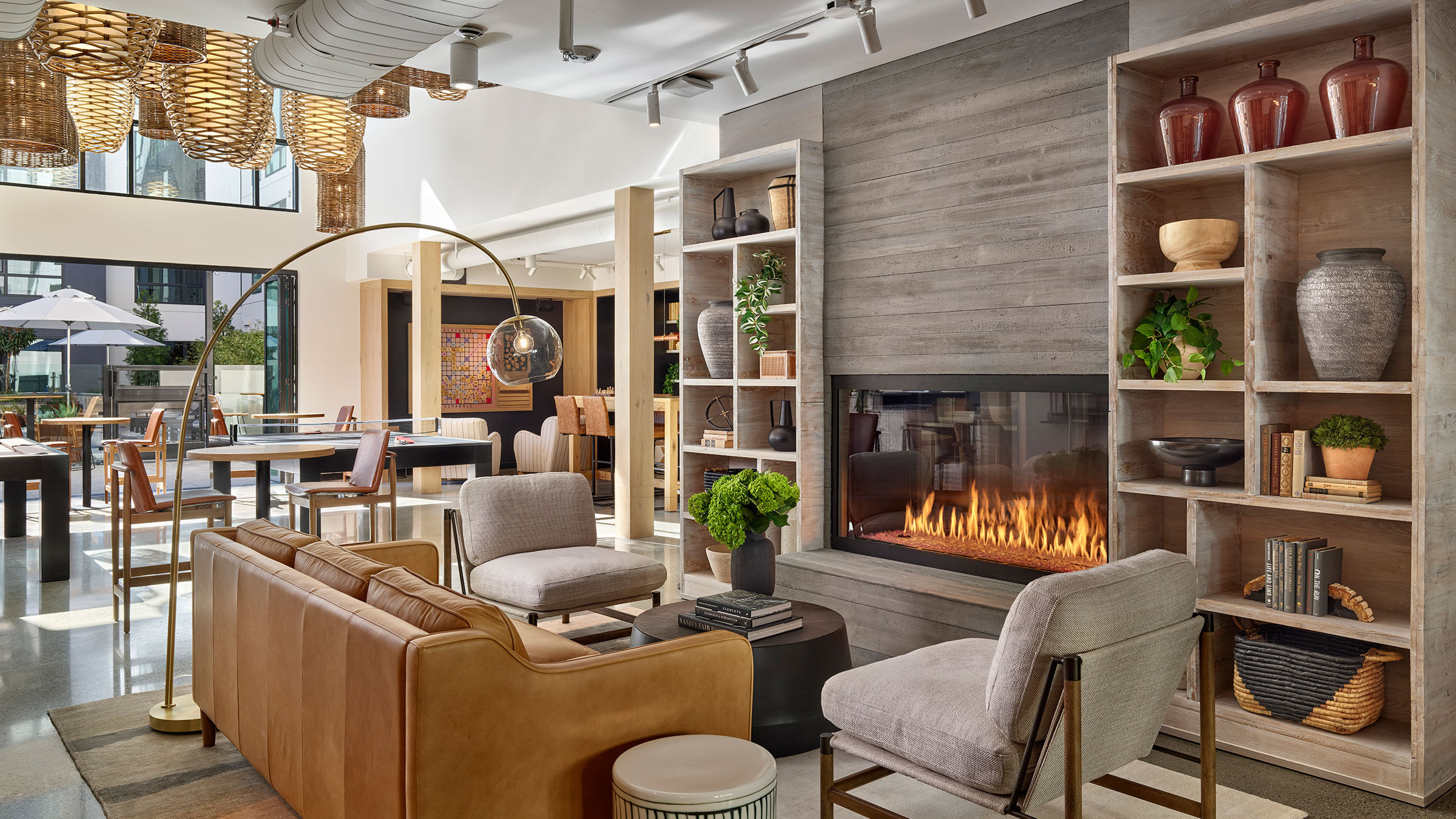 a room with a fireplace and furniture