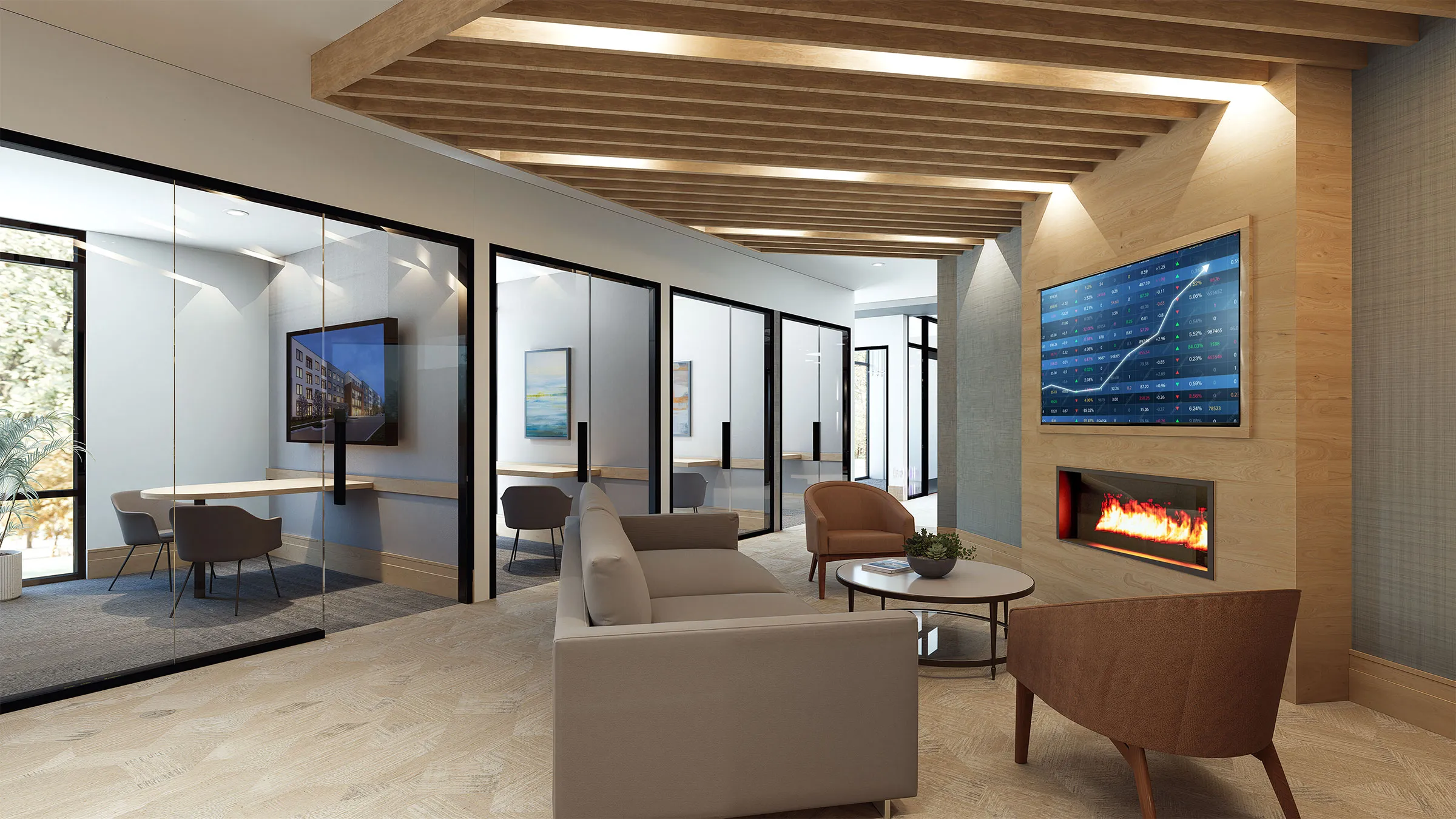 a room with a fireplace and couches