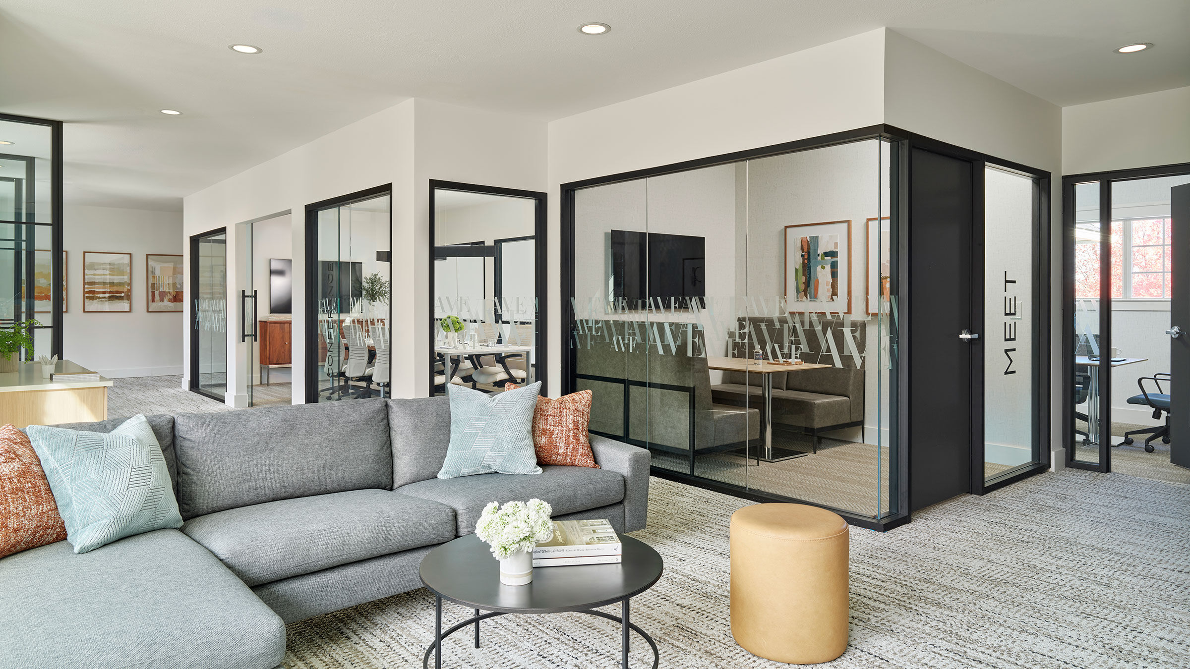 a room with a couch and a coffee table