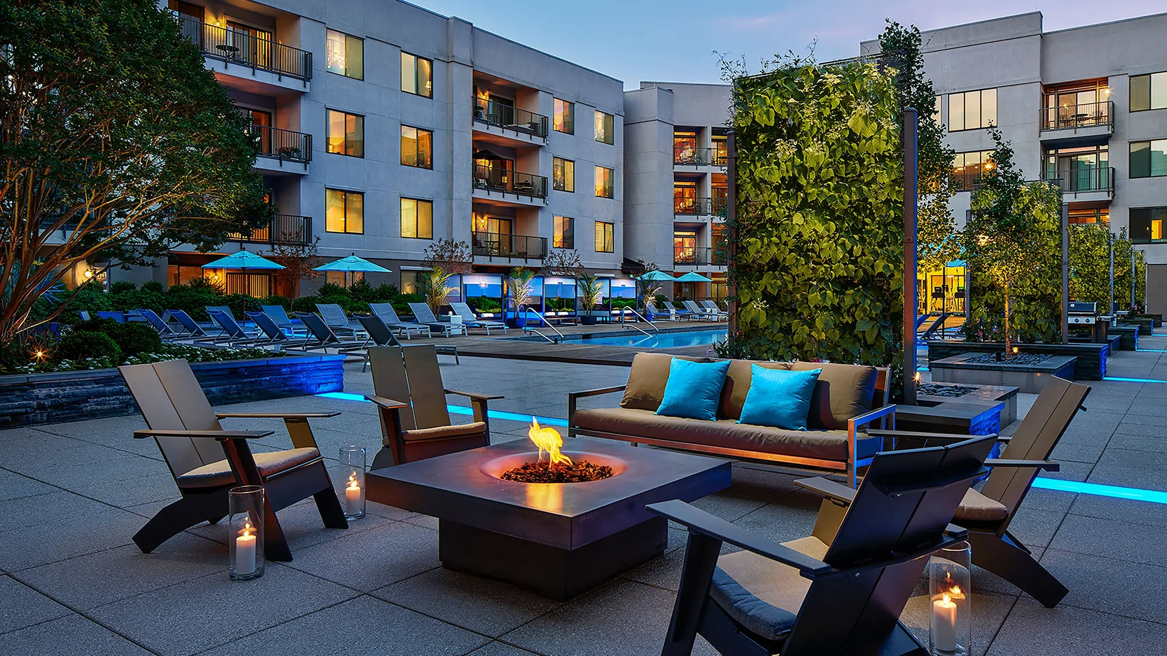 a fire pit in front of a building