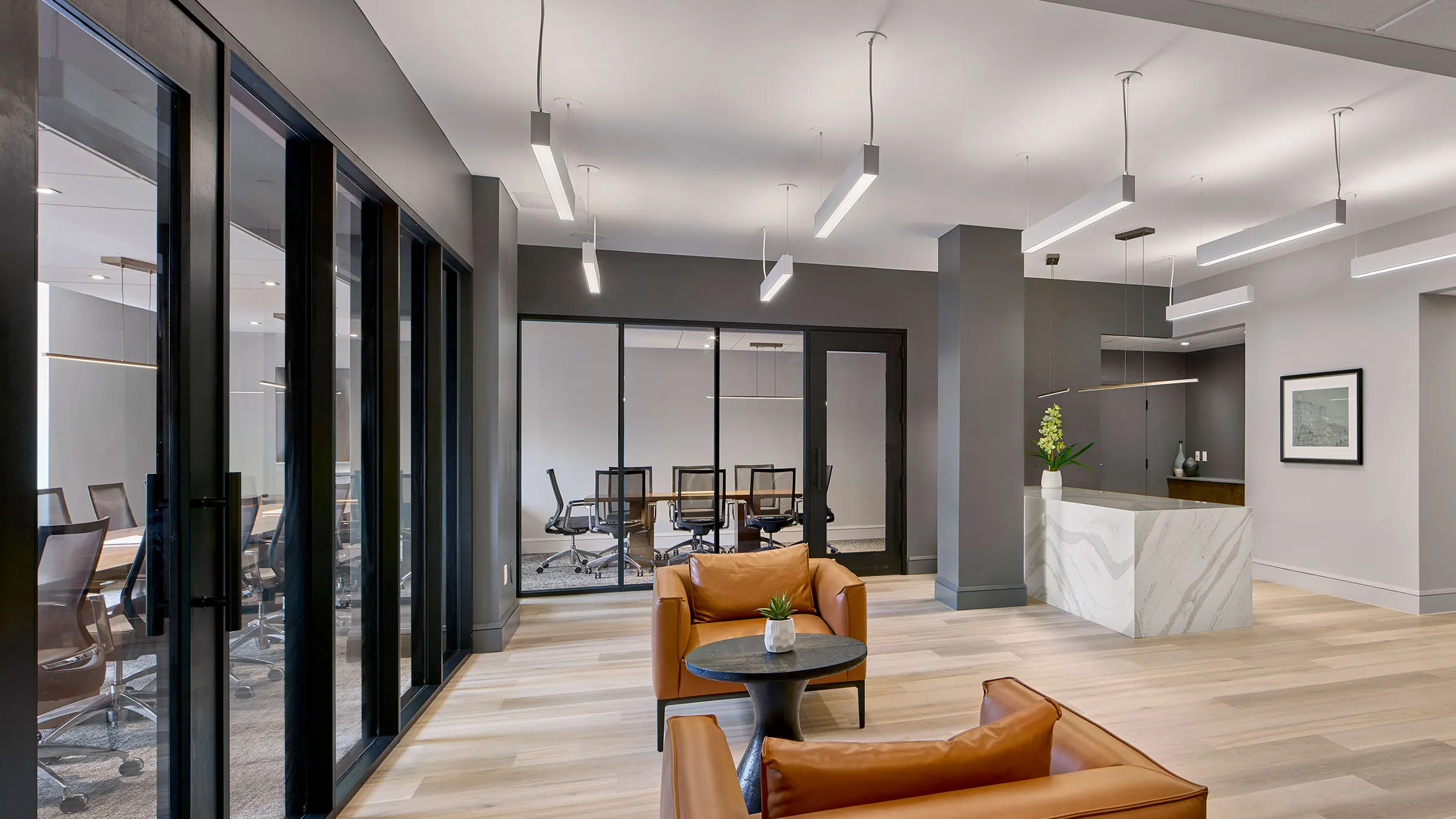 a room with chairs and a table