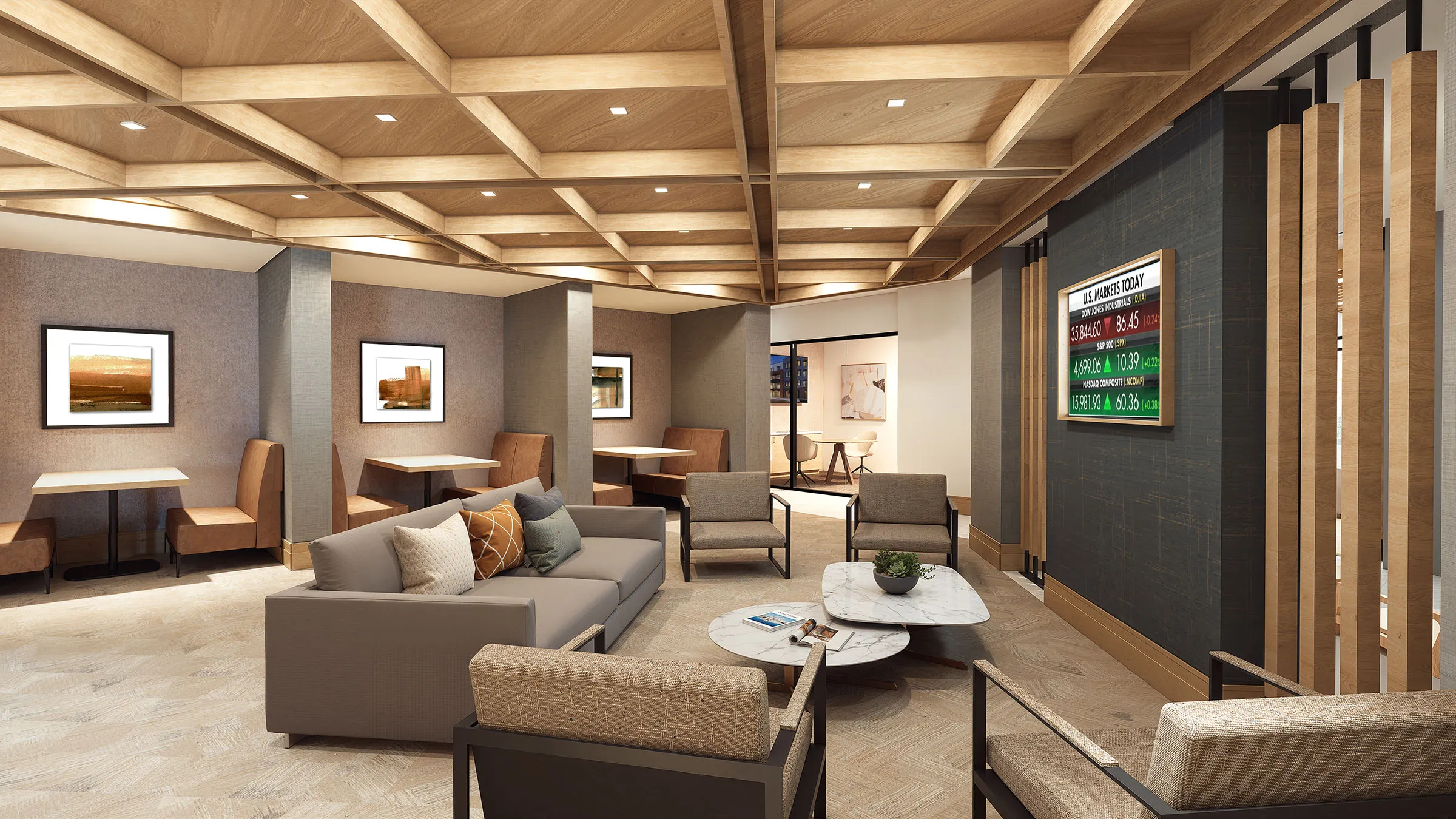 a room with couches and tables