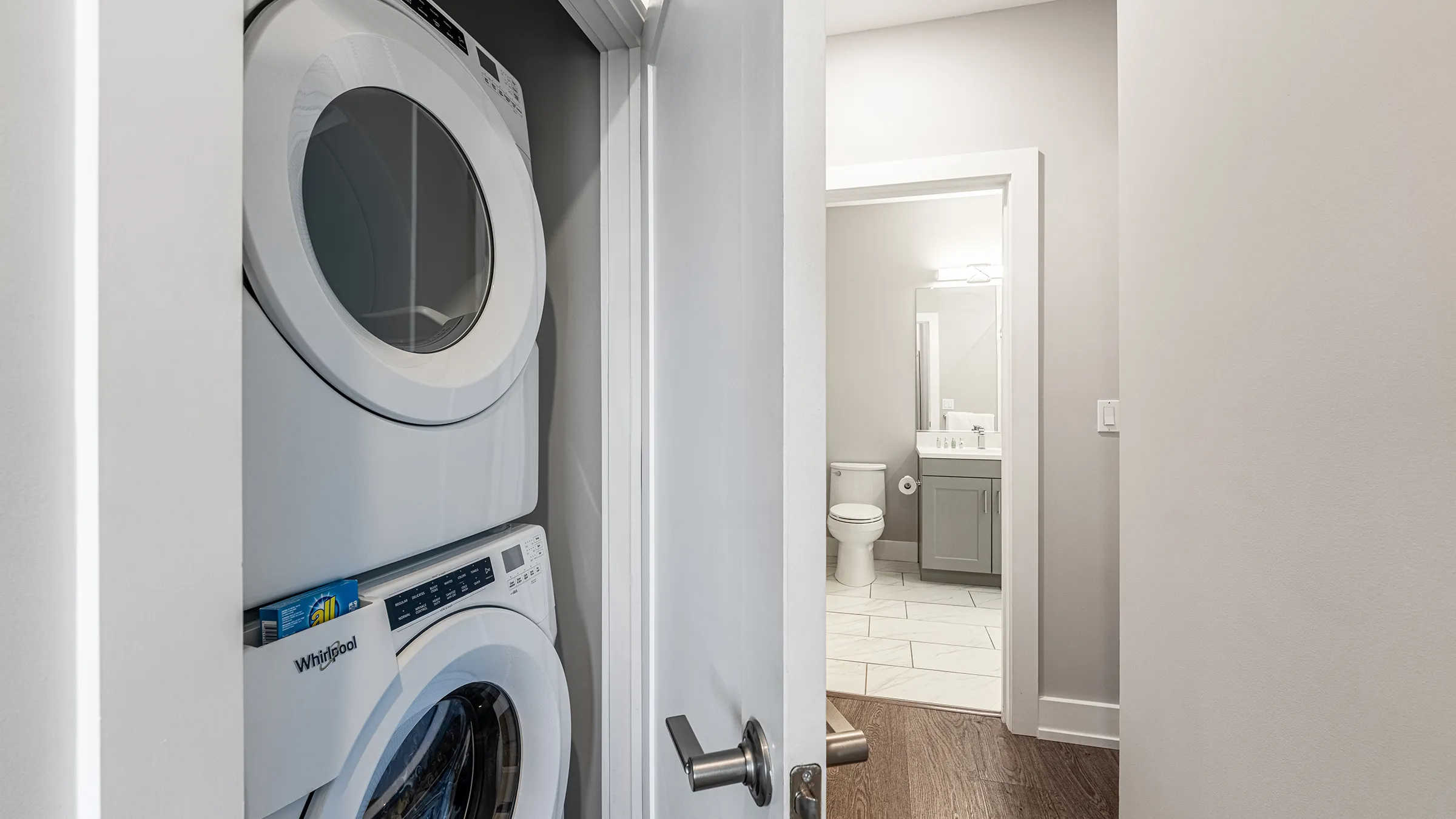 a washer and dryer in a bathroom