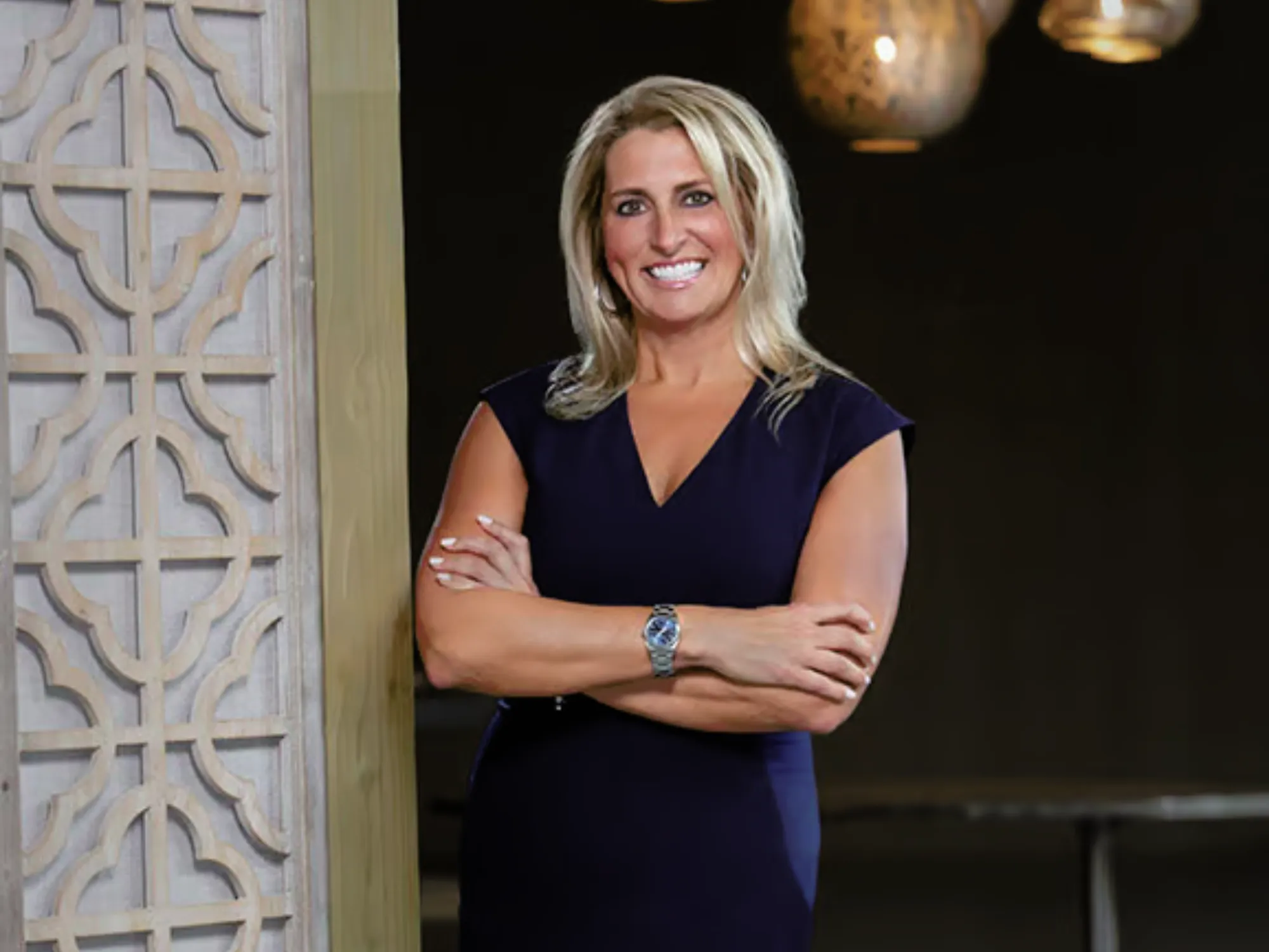 a woman in a blue dress