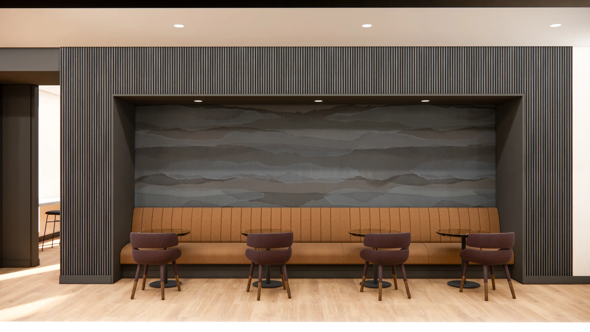 a room with a couch and tables